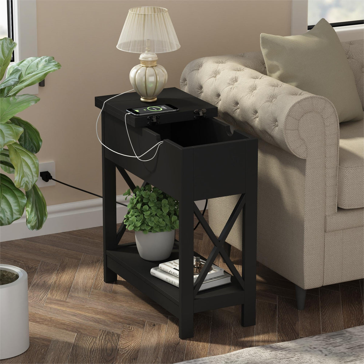 ChooChoo End Tables Living Room Set of 2, Side Table with Charging Station