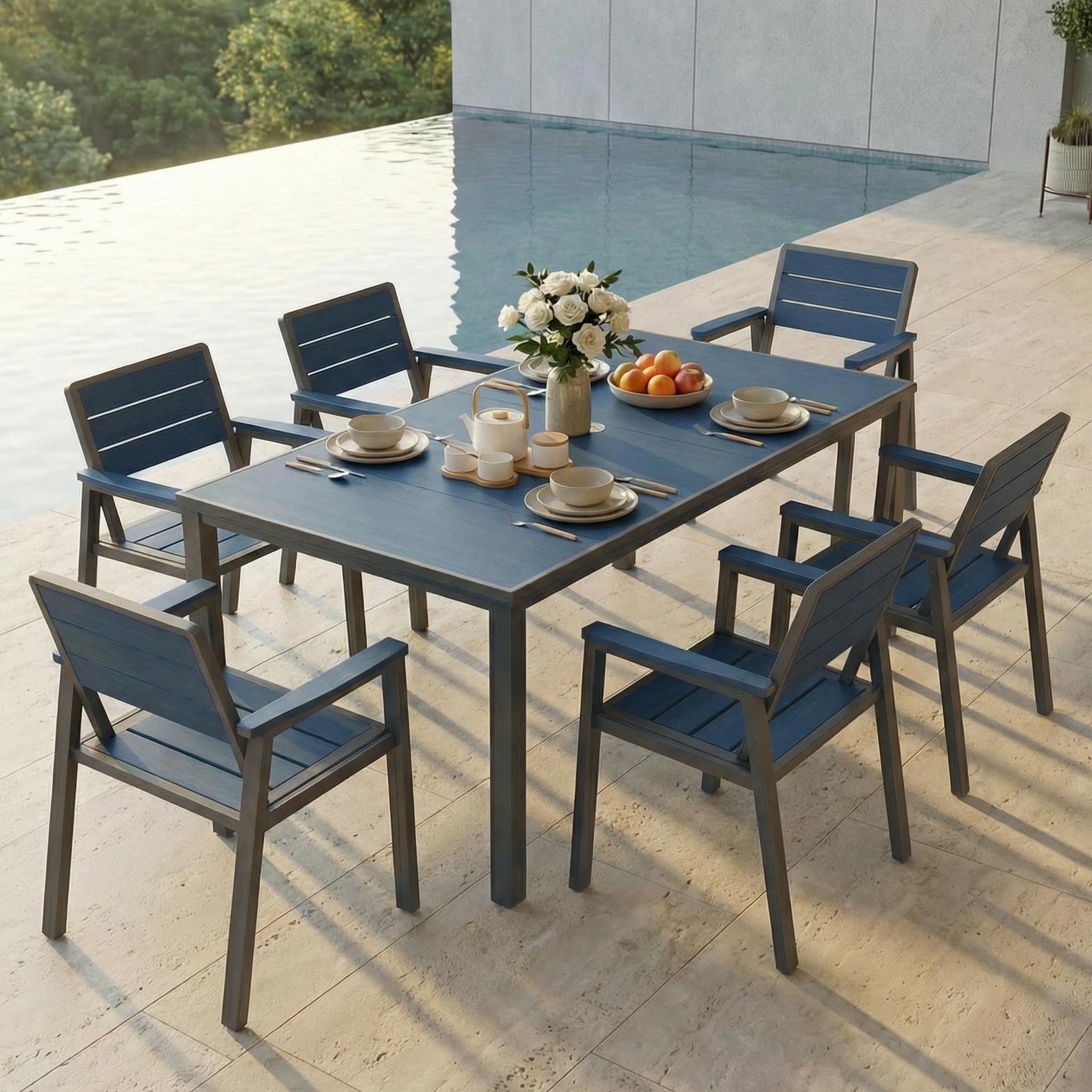 Patio Kingdom 7 Piece Patio Dining Set for 6, Outdoor HDPE Table and Chairs with Umbrella Hole, All Weather Outdoor Furniture for Backyard, Deck, Lawn, Poolside, Blue