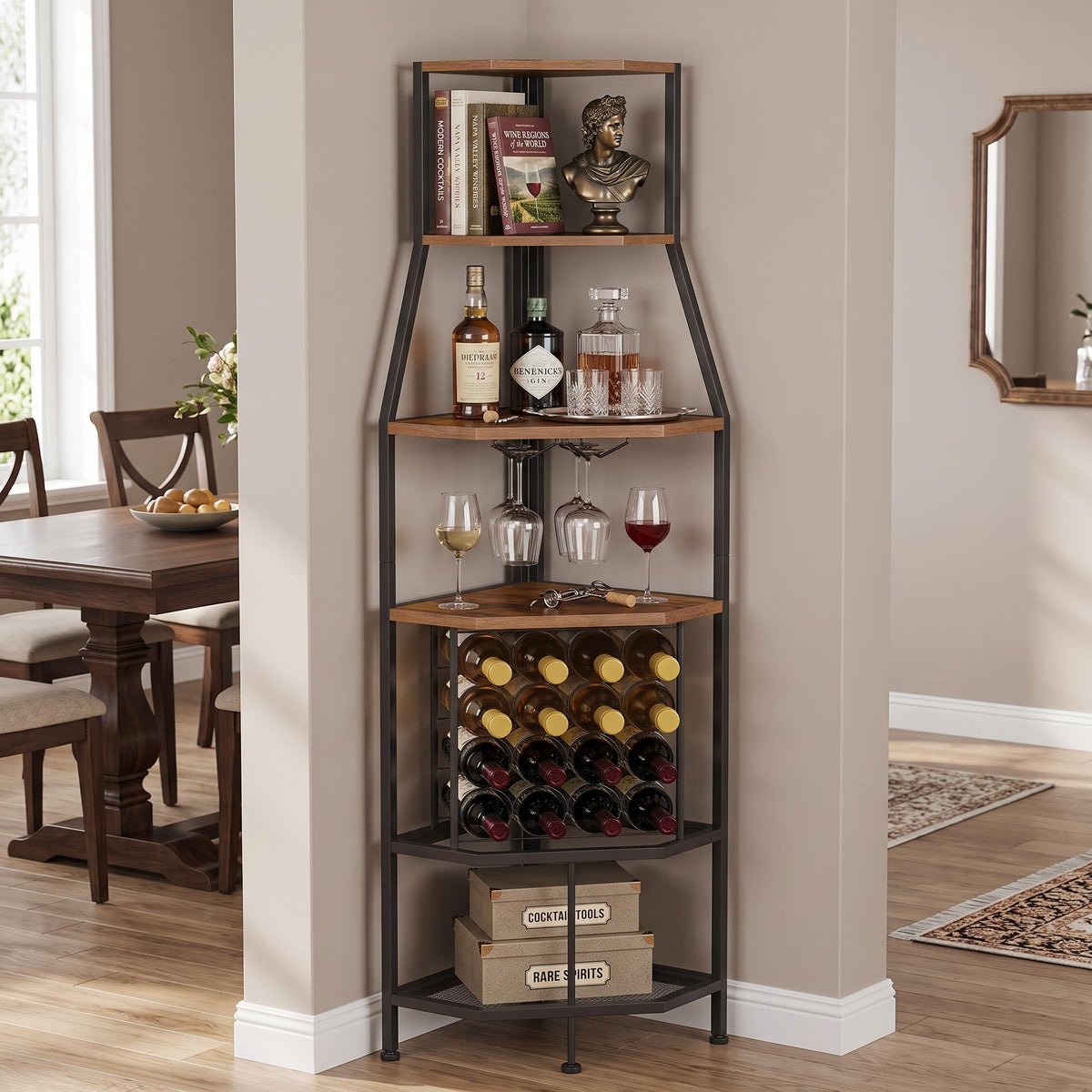 5-Tier Corner Wine Rack with Glass Holder, Floorstanding Wine Storage