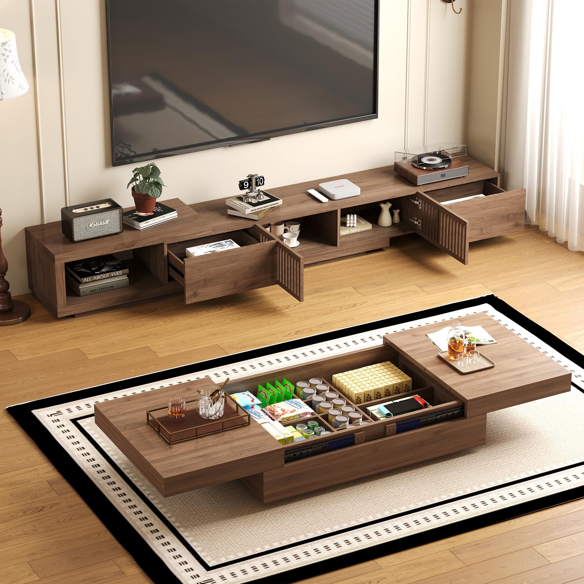NessCarsti Mid-Century Modern TV Stand & Expandable Coffee Table Set, Walnut Finish, Stylish Storage Combo for Living Room or Bedroom (78.54“ to 103" TV Stand+Coffee Table)