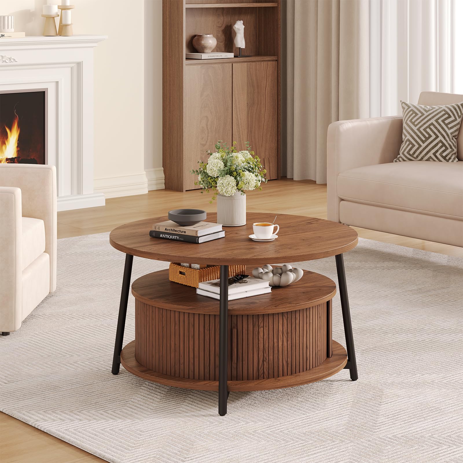 31.5 Inch Round Coffee Table with Storage, Fluted Coffee Tables with 2 Tiers, Mid-Century Modern Center Table with 2 Sliding Doors and Adjustable Footpad for Living Room, Walnut