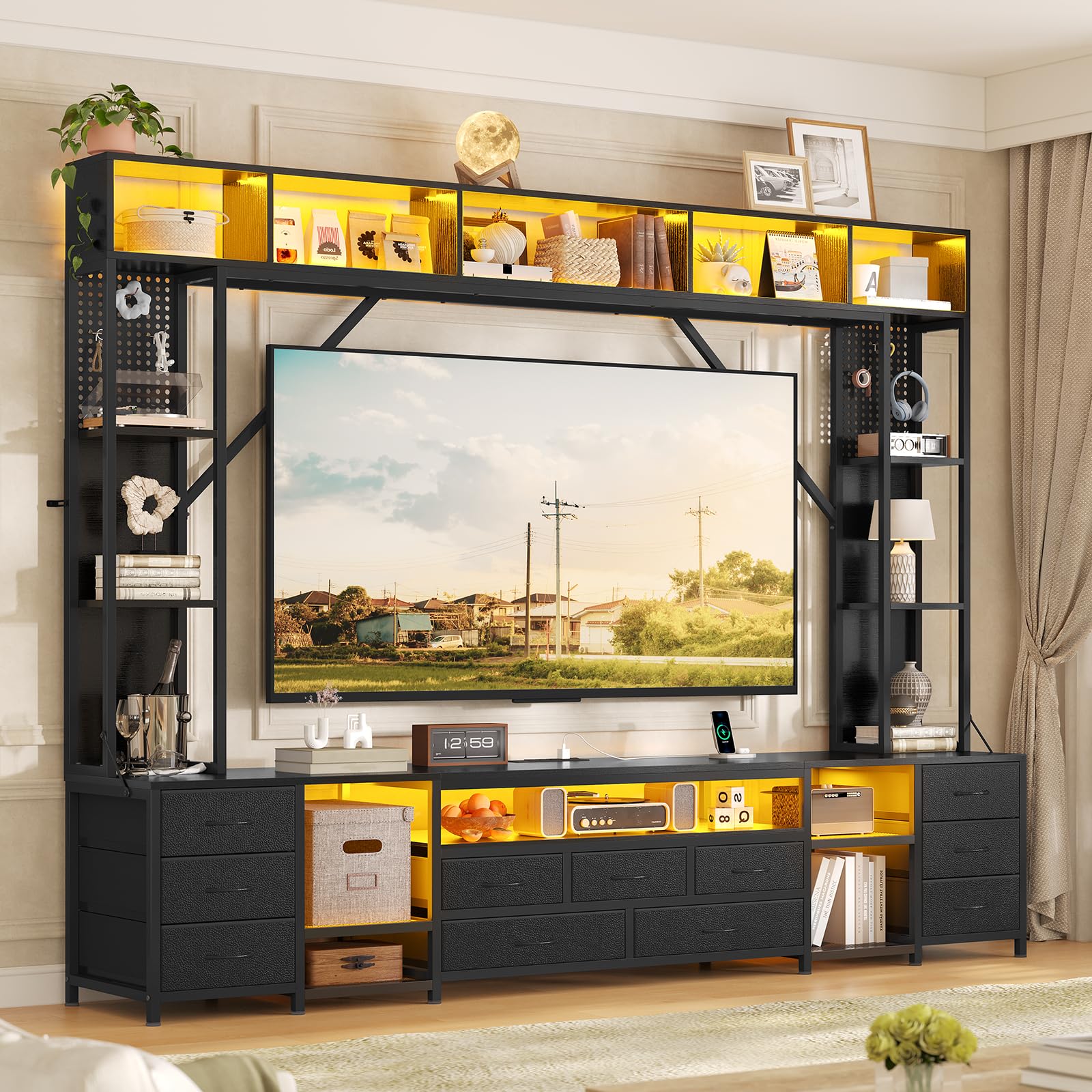 UPOSOJA Large Entertainment Center with 11 Fabric Drawers & LED Lights, Wall Unit TV Stand for Living Room Bookshelves for TVs up to 45"-75", Modern Industrial Style TV Stand
