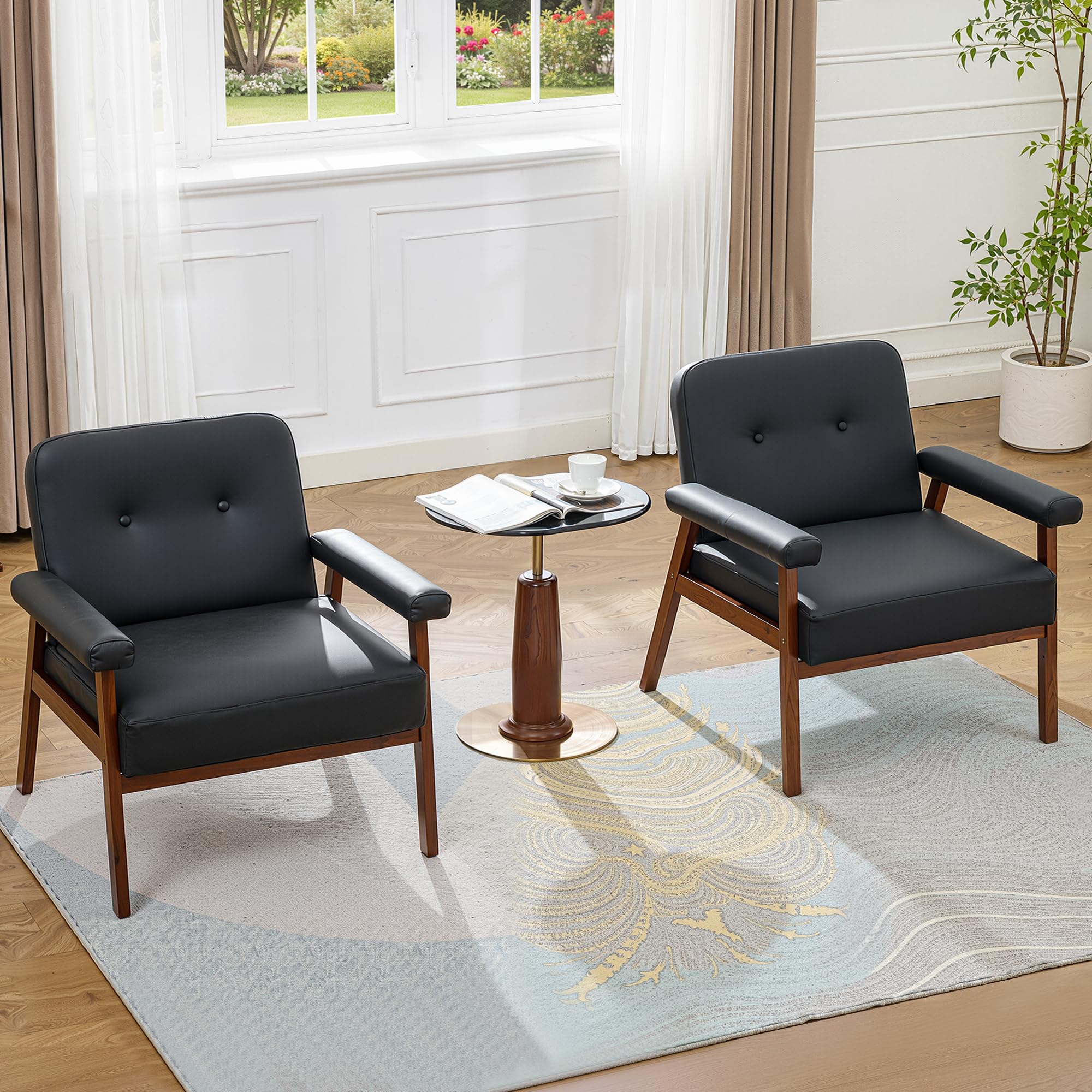 JIASTING Accent Chairs Set of 2, Black Leather Chairs with Solid Wood Frame, Tufted Small Mid-Century Modern Wooden Arm Chair, Comfy Office Reading Armchair for Living Room, Bedroom (2)