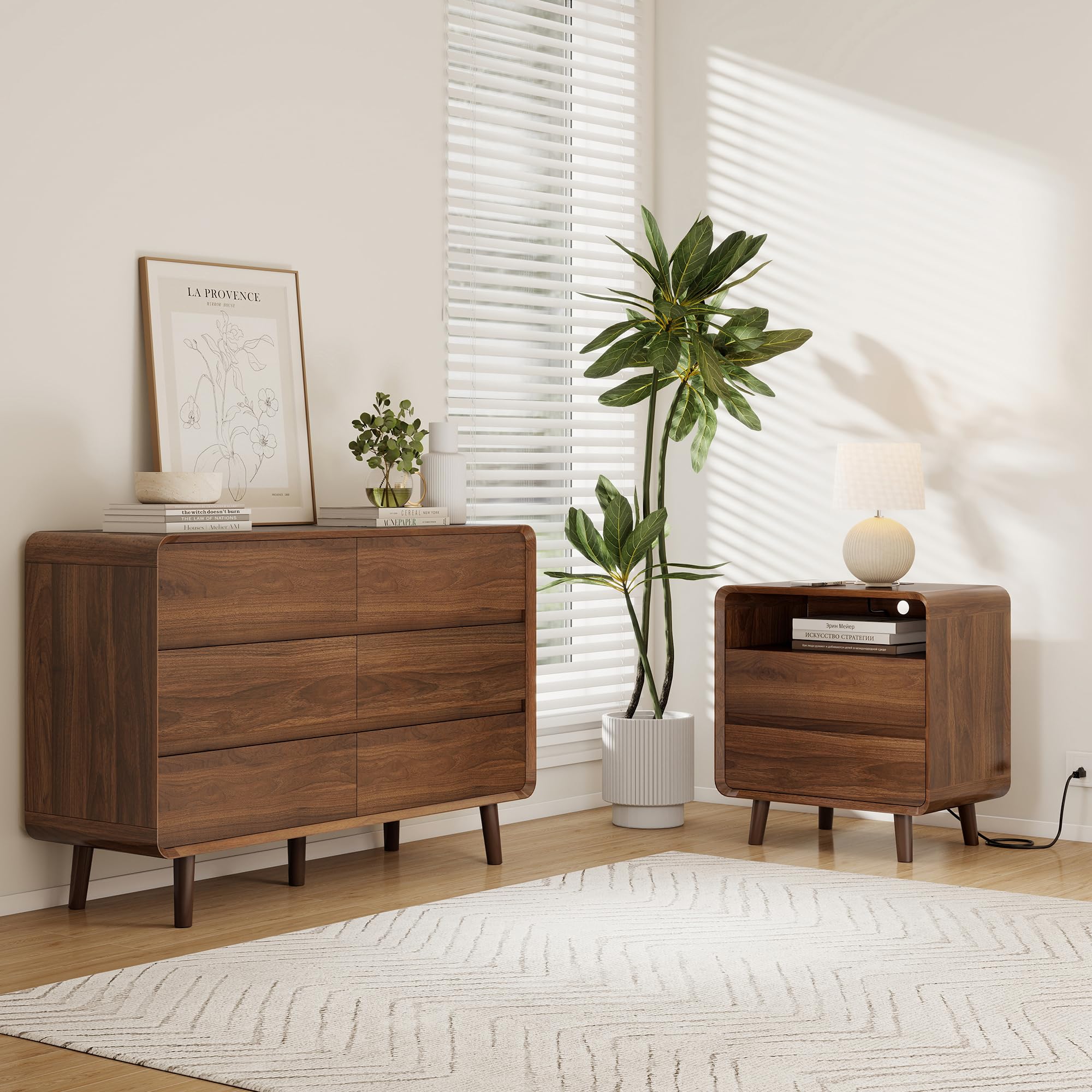 Nasonet Mid Century Modern Dresser for Bedroom, 47'' Wide Dressers & Chests of Drawers with 6 Storage Drawers, Wood TV Stand Dresser for Closet, Walnut