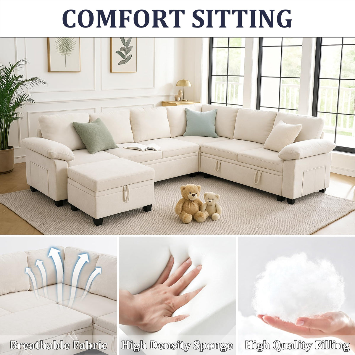 108''Modular Sectional Sleeper Sofa, L Shape Pull Out Sofa Bed with Storage