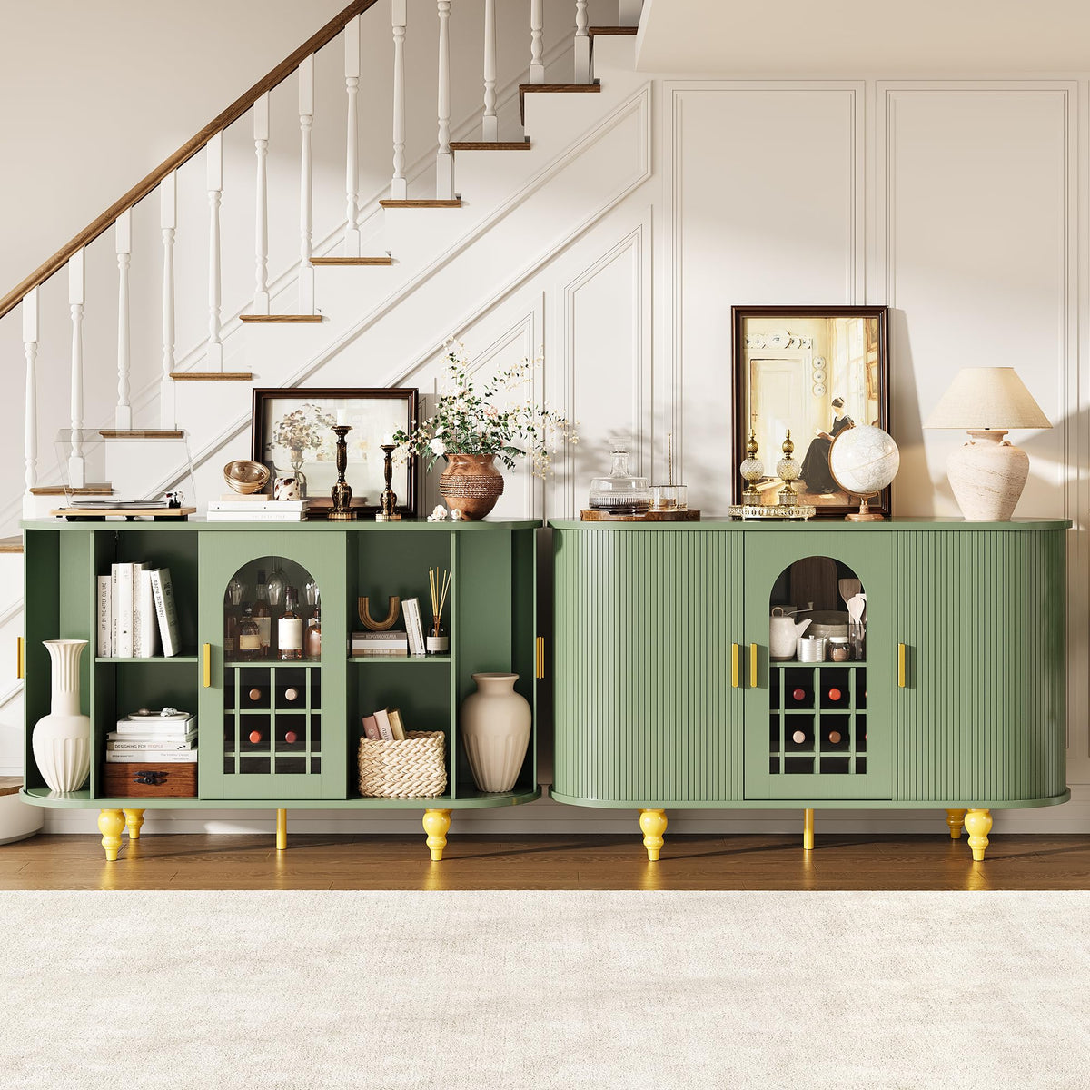 Garvee Modern Coffee Bar Cabinet with Wine Glass Rack,Green