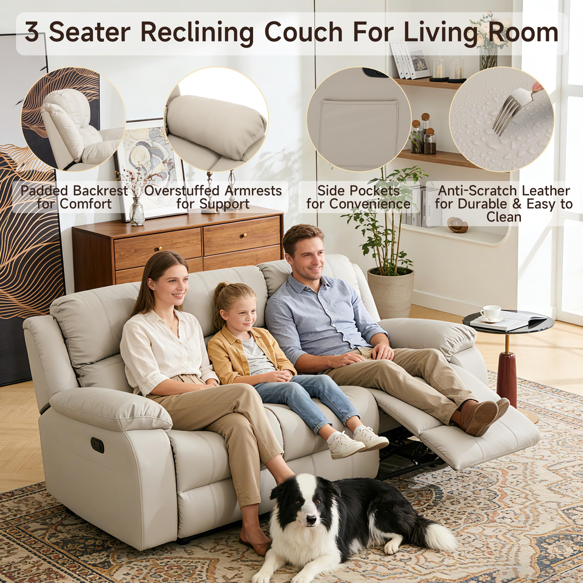 Reclining Loveseat Sofa Leather Recliner Sofa 3 Seater Couch for Living Room, Home Theater Seating(3 Seat,Beige)