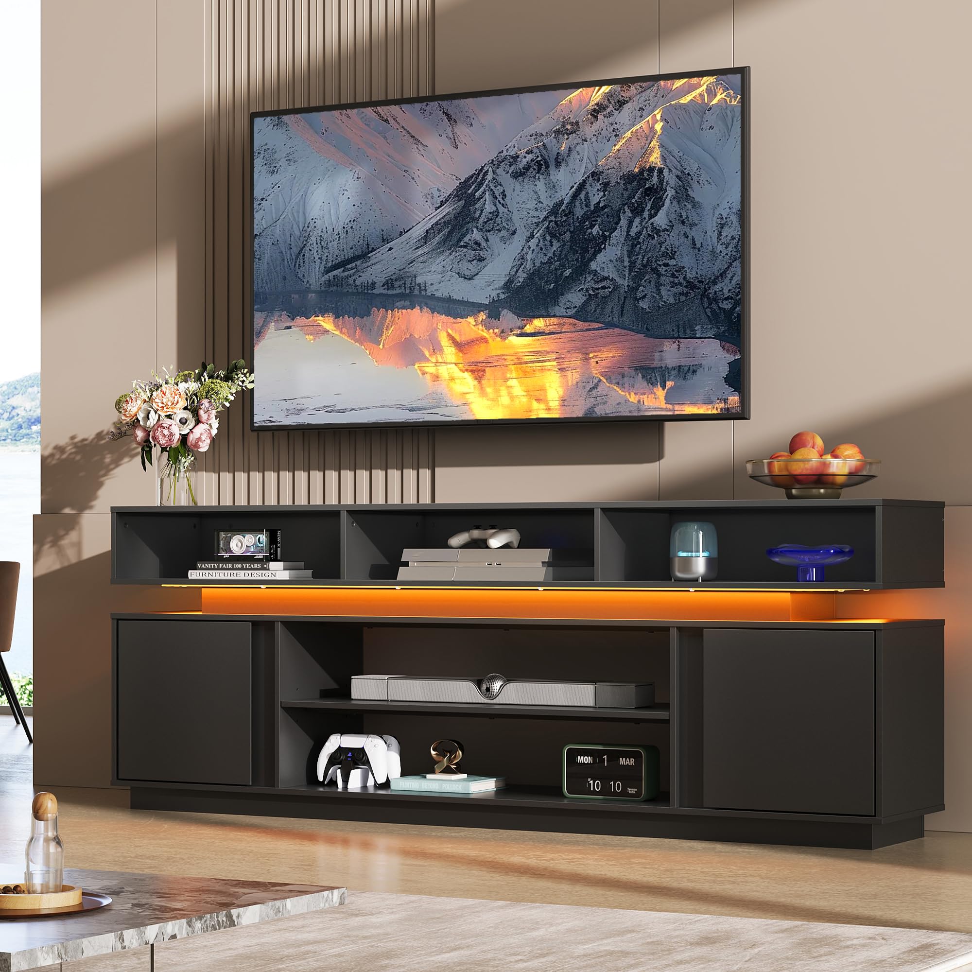 68" TV Stand with LED Lights & Storage Cabinets