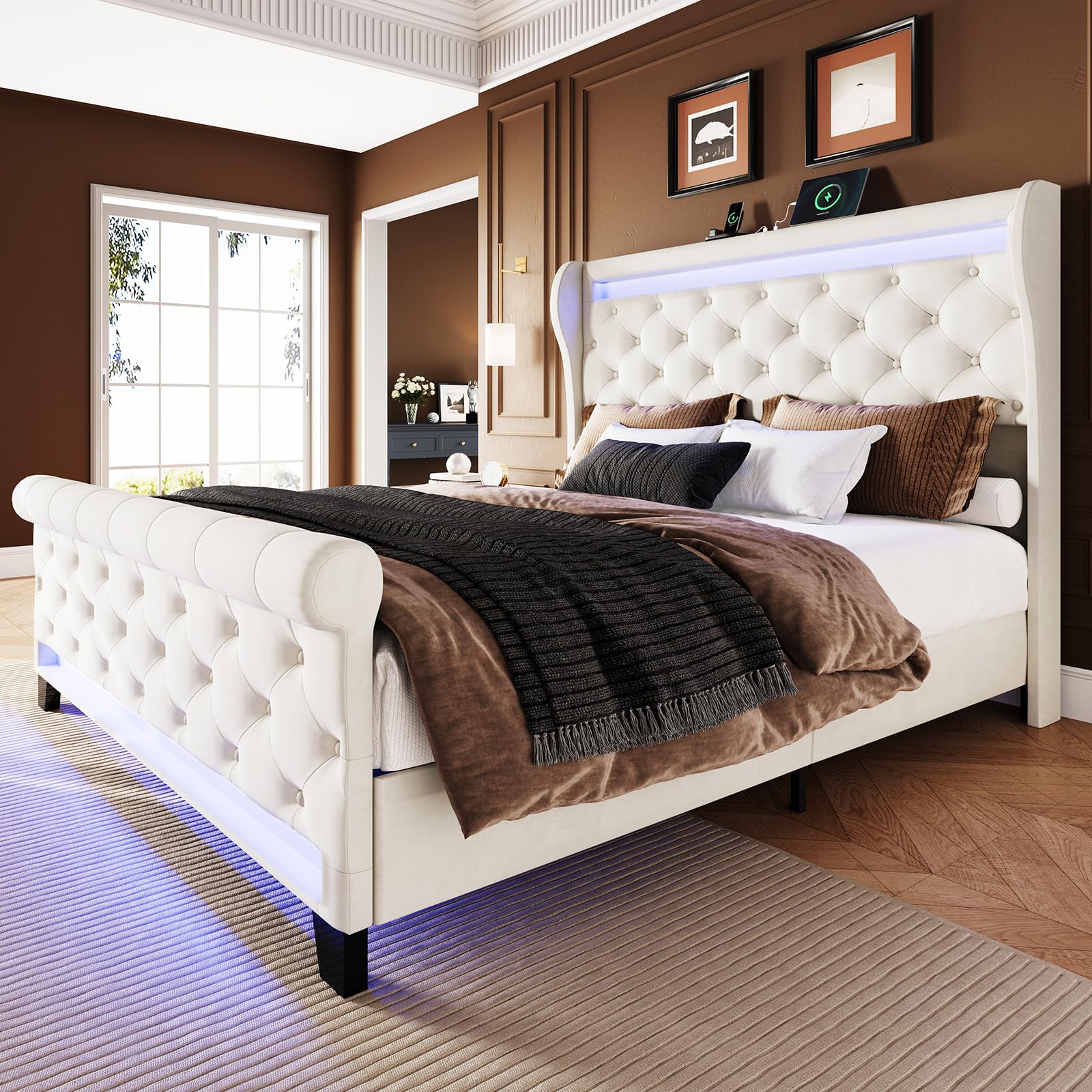 Upholstered Velvet Platform Bed Frame with LED Lights & Charging Ports