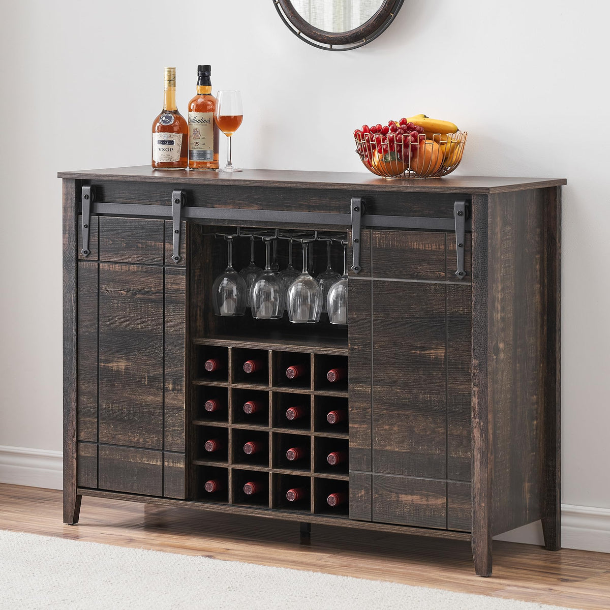 Bar Cabinet, 47" Buffet Server Sideboard with Sliding Barn Doors, Farmhouse Storage Cabinet Cupboard Table with Adjustable Shelf for Kitchen, Dining Room (Dark Brown)