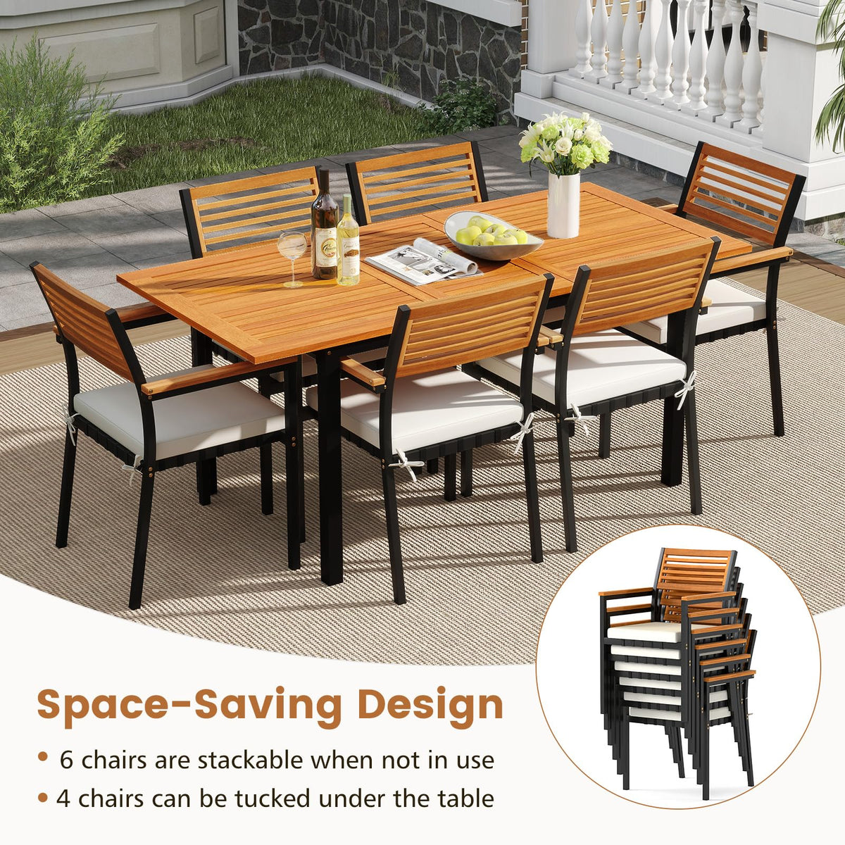 Tangkula 7 Piece Acacia Wood Outdoor Dining Set with 6 Stackable Armchairs