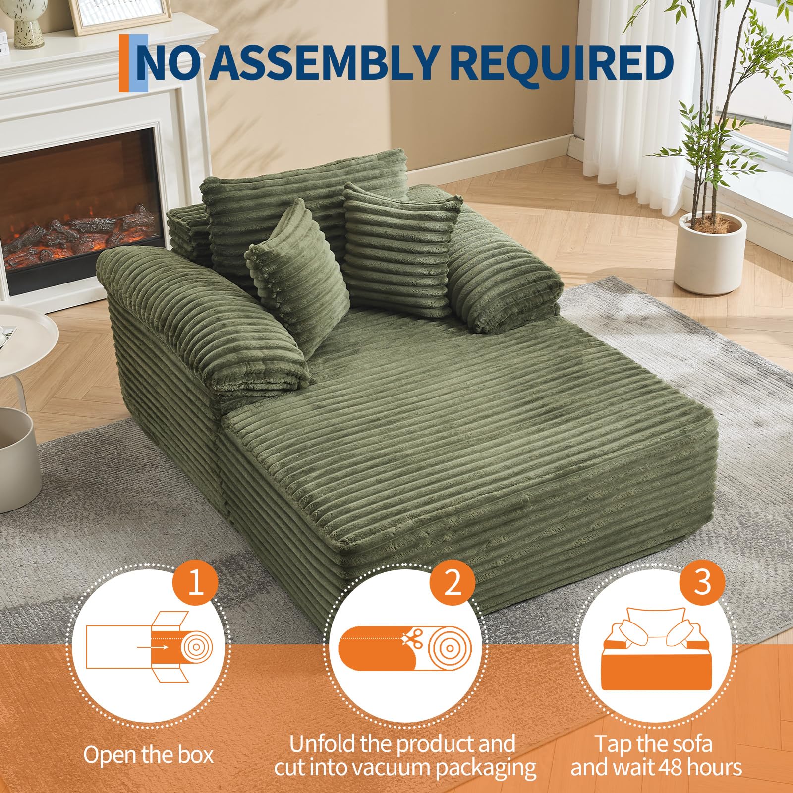 Amenitlif Convertible Corduroy Lounge Chair Sofa Bed, Oversized Floor Chaise Couch, Armless Sleeper Chair for Living Room, Cozy Reading Lounge, No Assembly Required, Green