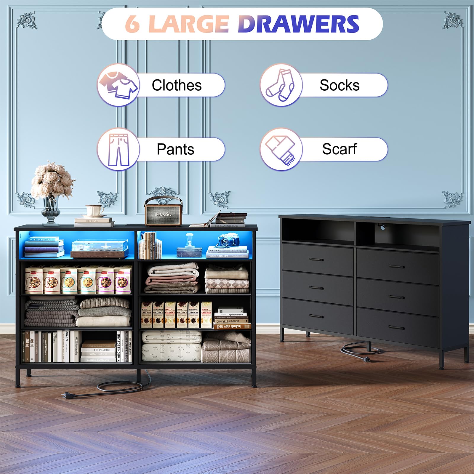 Black Dresser for Bedroom, 6 Drawer Dresser, Fabric Vertical Storage Tower with Fabric Bins with Open Shelves LED Light and Charging Station, Chest of Drawers for Closet Chests Organizer, Living Room