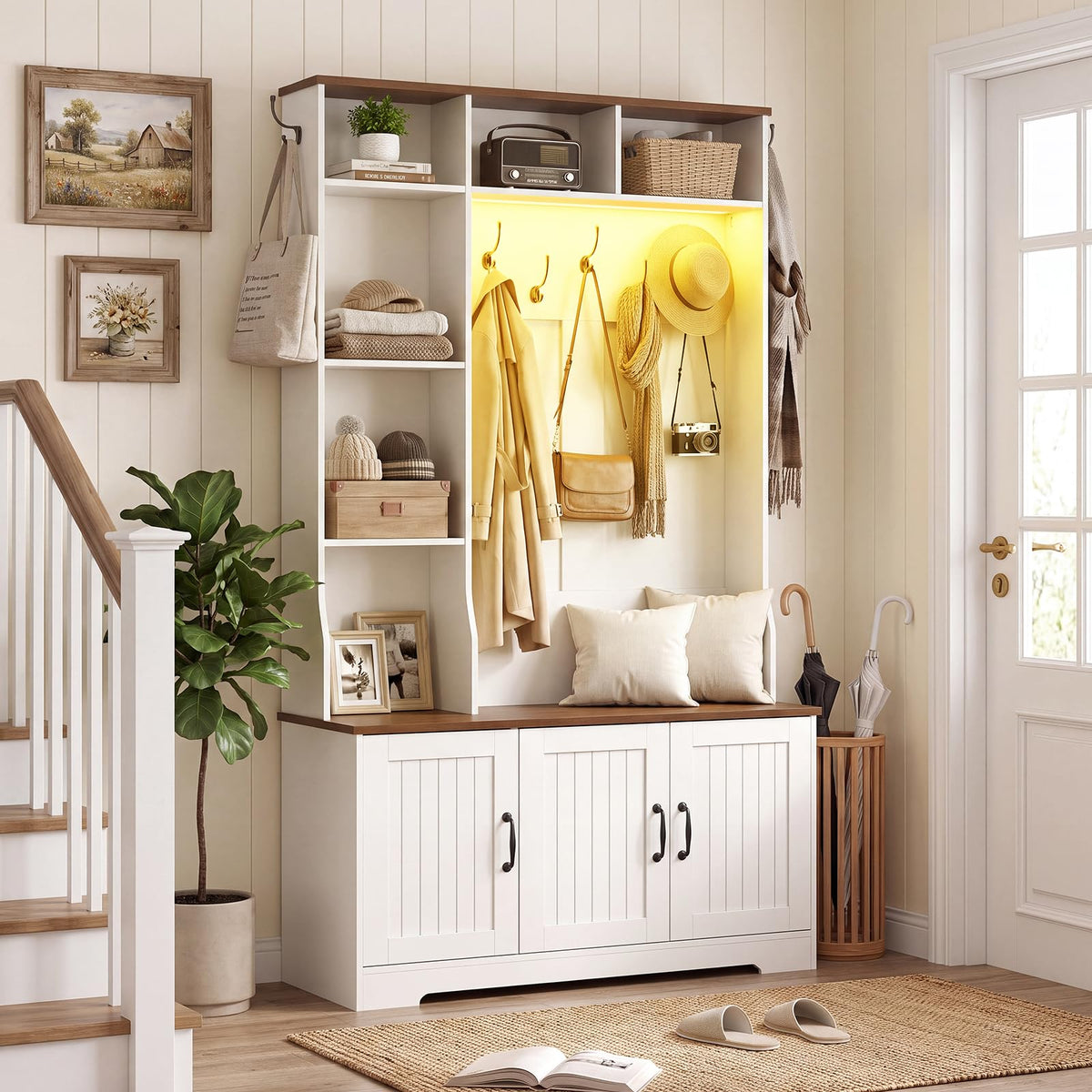 White LED Hall Tree with Shoe Storage