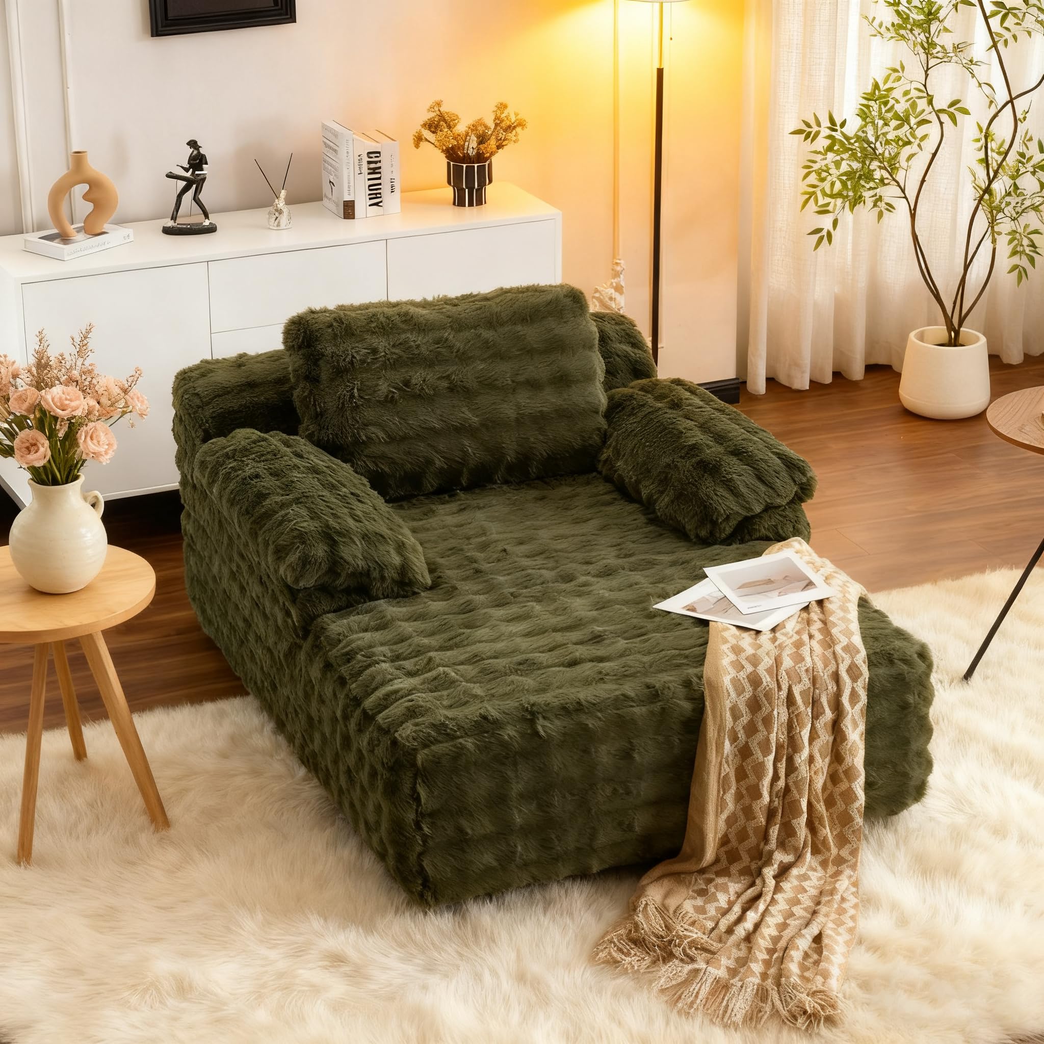 VINGLI Boneless Chaise Lounge Chair Indoor, 55.5" Deep Seat Sleeper Sofa Bed Upholstered Bubble Fleece Fabric Couches for Living Room, Bedroom, Play Room, No Assembly Required