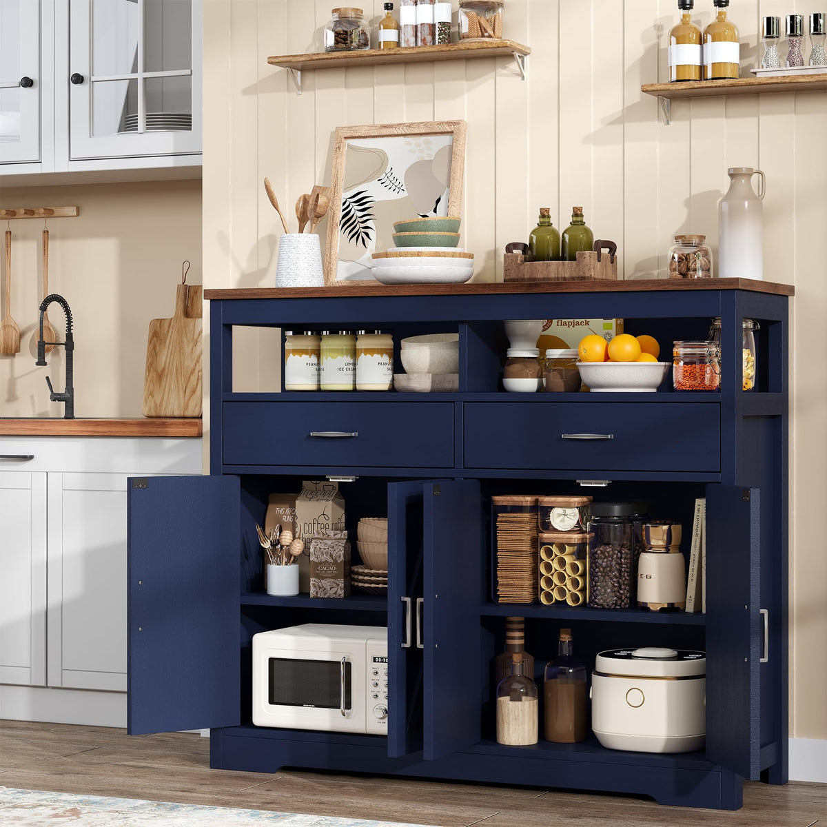 knoworld Sideboard Buffet Cabinet with Storage & Shelves, Farmhouse Kitchen Storage Cabinet Wood Coffee Bar Sideboard Cabinet with 4 Doors for Kitchen, Living Room, Entryway, 47" W Blue