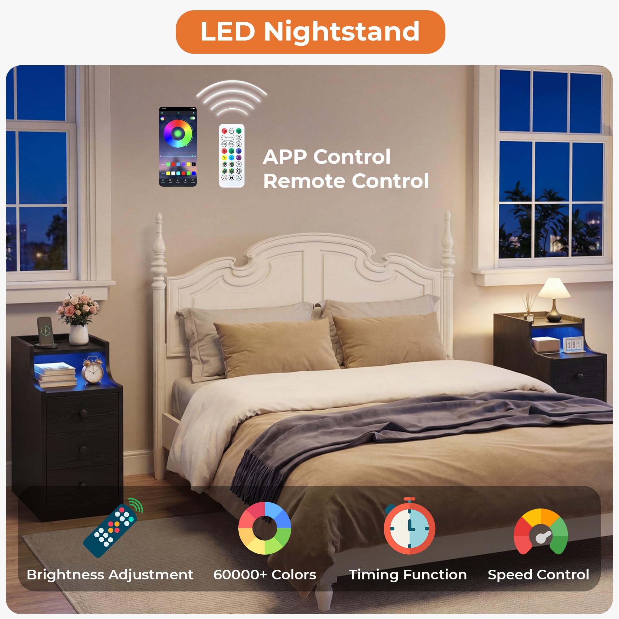 Nightstand with Charging Station, RGB LED Lights & 3 Drawers