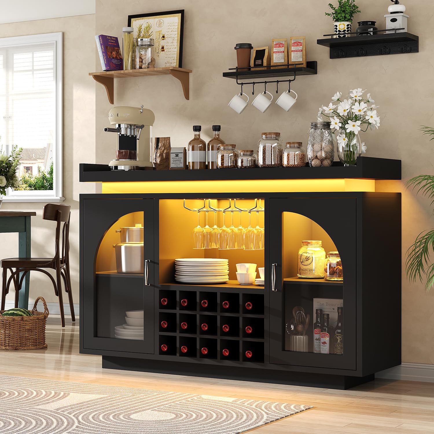 Wine Bar Cabinet with Power Outlet & LED Light, 54'' Liquor Cabinet with 15 Wine Rack & Glass Holder, Coffee Bar Cabinet for Home with Storage, 2 Arched Door, Buffet Sideboard for Living Room, Kitchen