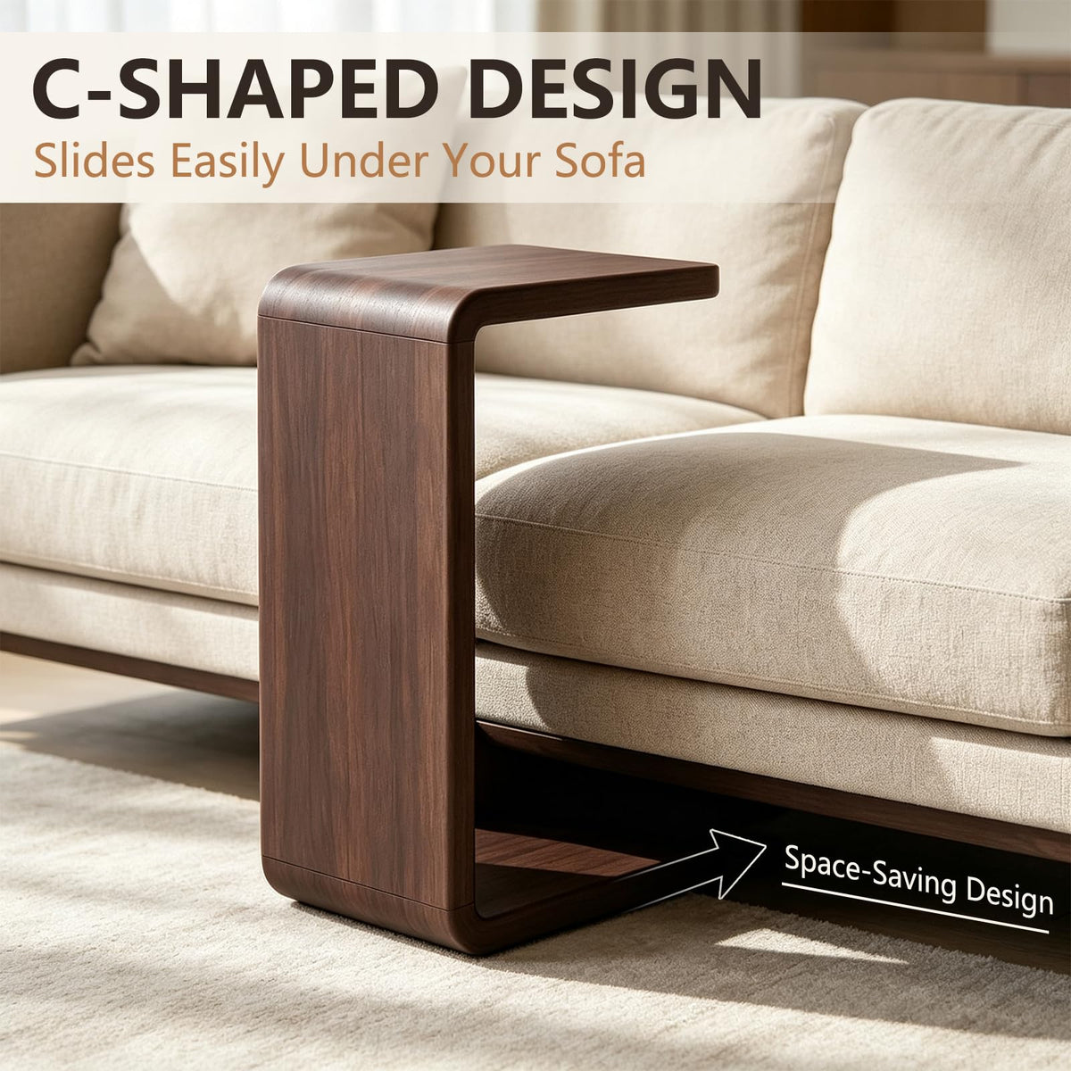 YIRCELOM Wooden C Shaped End Table, Couch Table, 24in W Walnut