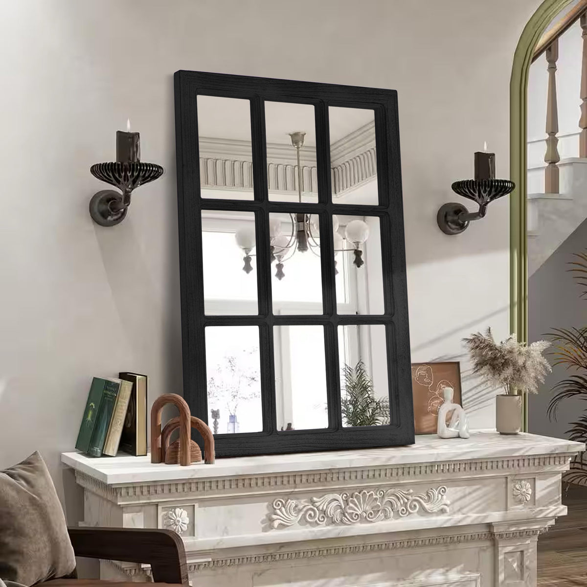 Black Wood Windowpane Wall Mirror