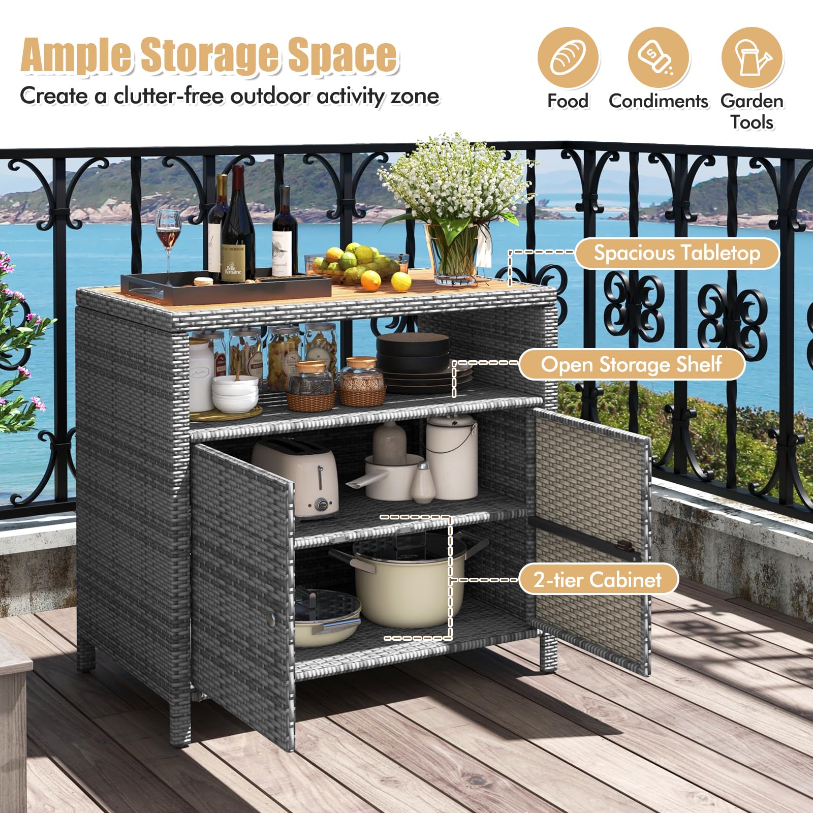 RELAX4LIFE Wicker Outdoor Bar Cabinet - PE Rattan Patio Bar Table w/Acacia Wood Countertop, Open Shelf & 2 Doors, Buffet Sideboard Organizer for Garden Backyard Pool, Outside Storage Cabinet (Grey)