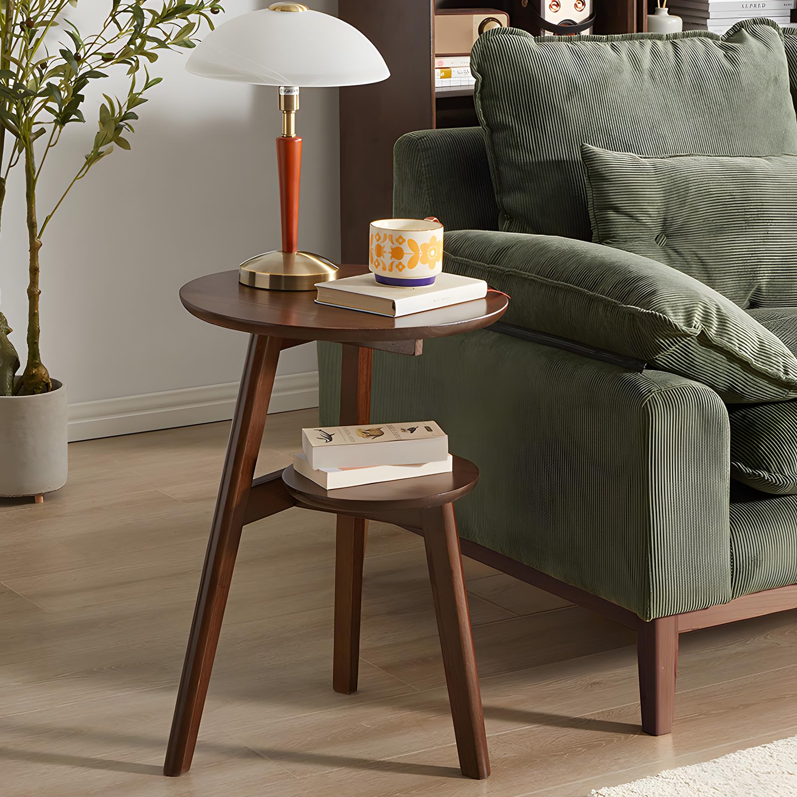 Cttasty Side Table, 2-Tier Round End Tables Living Room, Mid Century Modern Side Table, Round Nightstand, Oak Accent Table, Small Round Coffee Table, 16.54" Dia.x 23.62" H(Walnut)