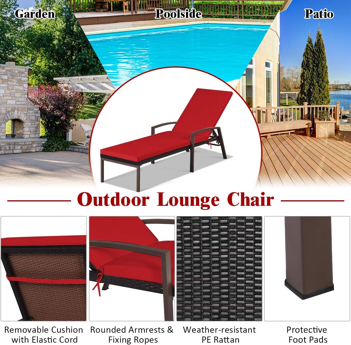 Outdoor Rattan Chaise Lounge Chair Set of 2