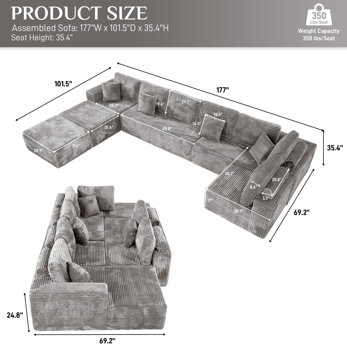 ONEMMLION 177" U-Shaped Boneless Cloud Modular Sectional Sofa, Light Grey
