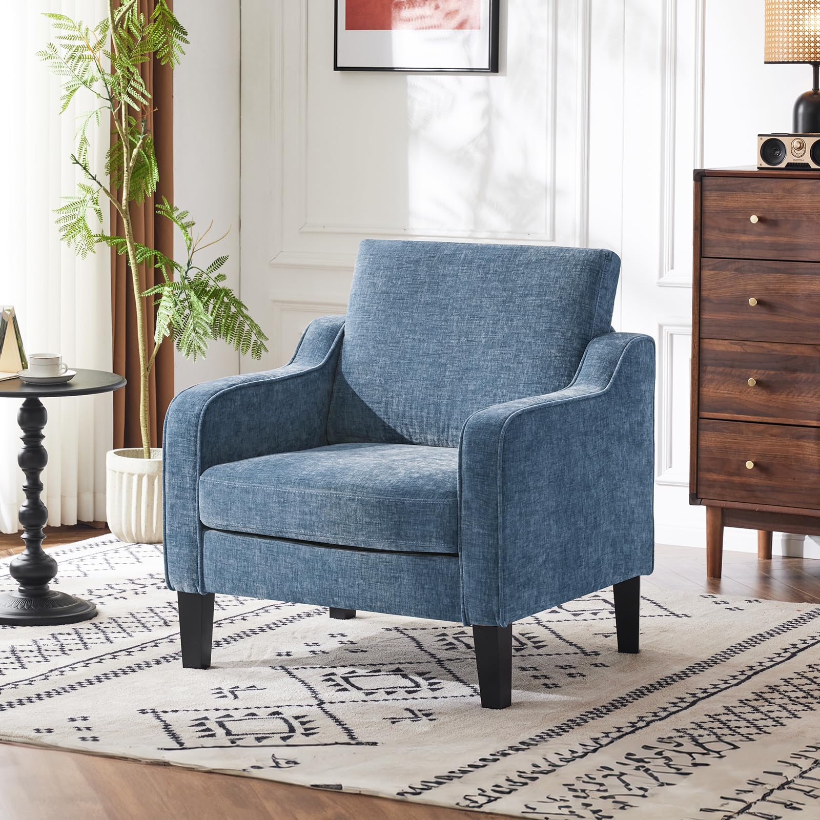VINGLI Mid Century Modern Accent Chair,Navy Blue Chenille Chairs for Living Room Upholstered Armchair with Scooped Arms for Bedroom,Apartment,Studio,Office,Waiting Room