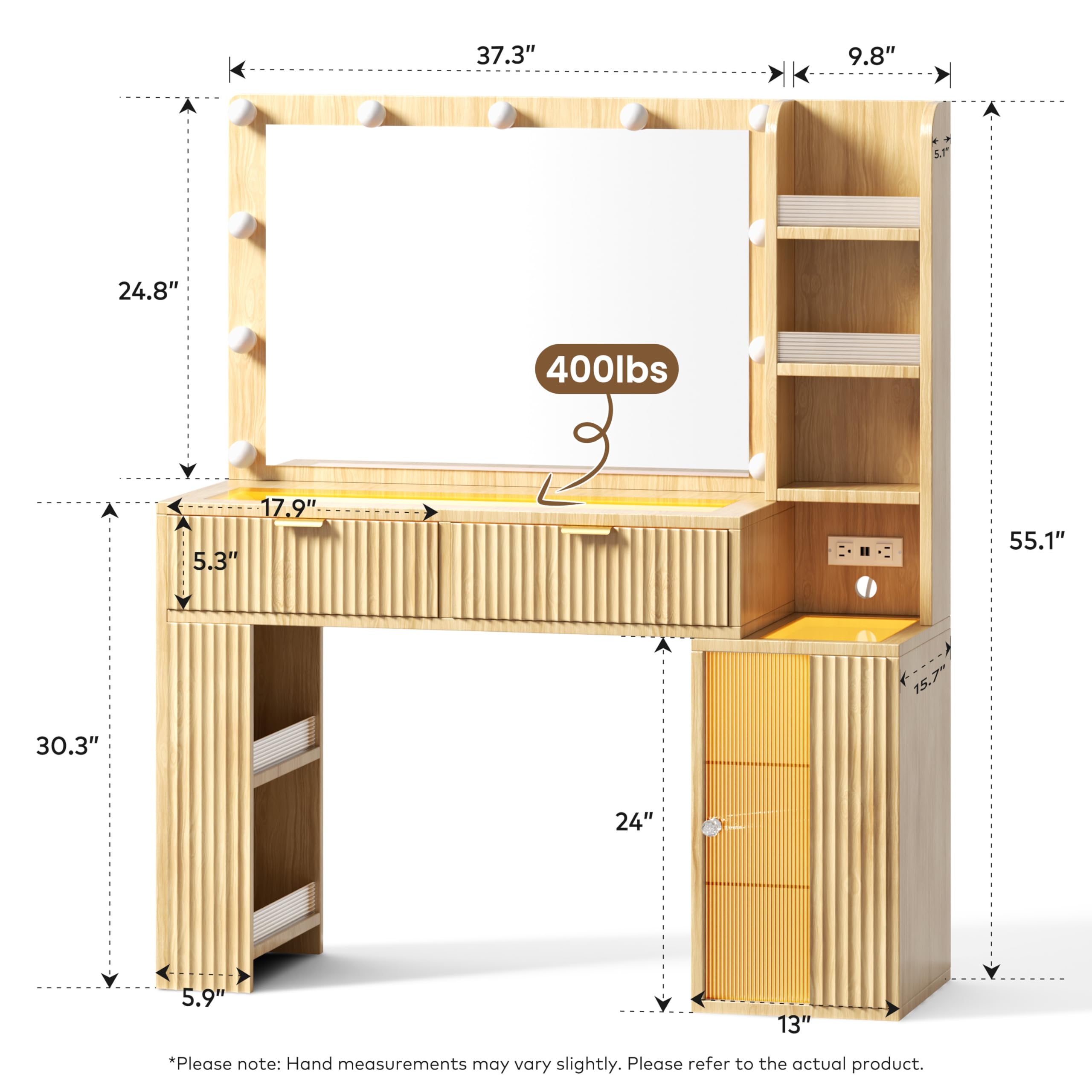 47'' Fluted Makeup Vanity Desk with Large 36" Mirror & Hollywood Bulbs, Smart RGB Lights, Glass Top Vanity with 5 Shelves, 2 RGB Drawers, Acrylic Cabinets, Wood Vanity with Charging Station,Oak