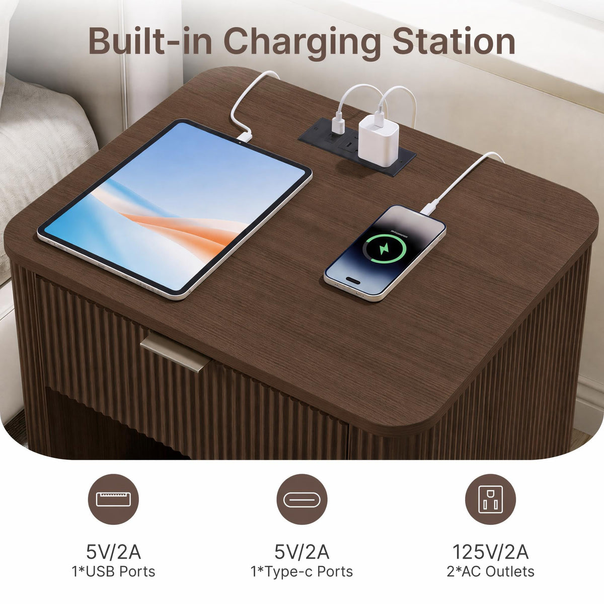 KISLOT 23'' Fluted Nightstand Set of 2 w/Charging Station,Drawers,Walnut
