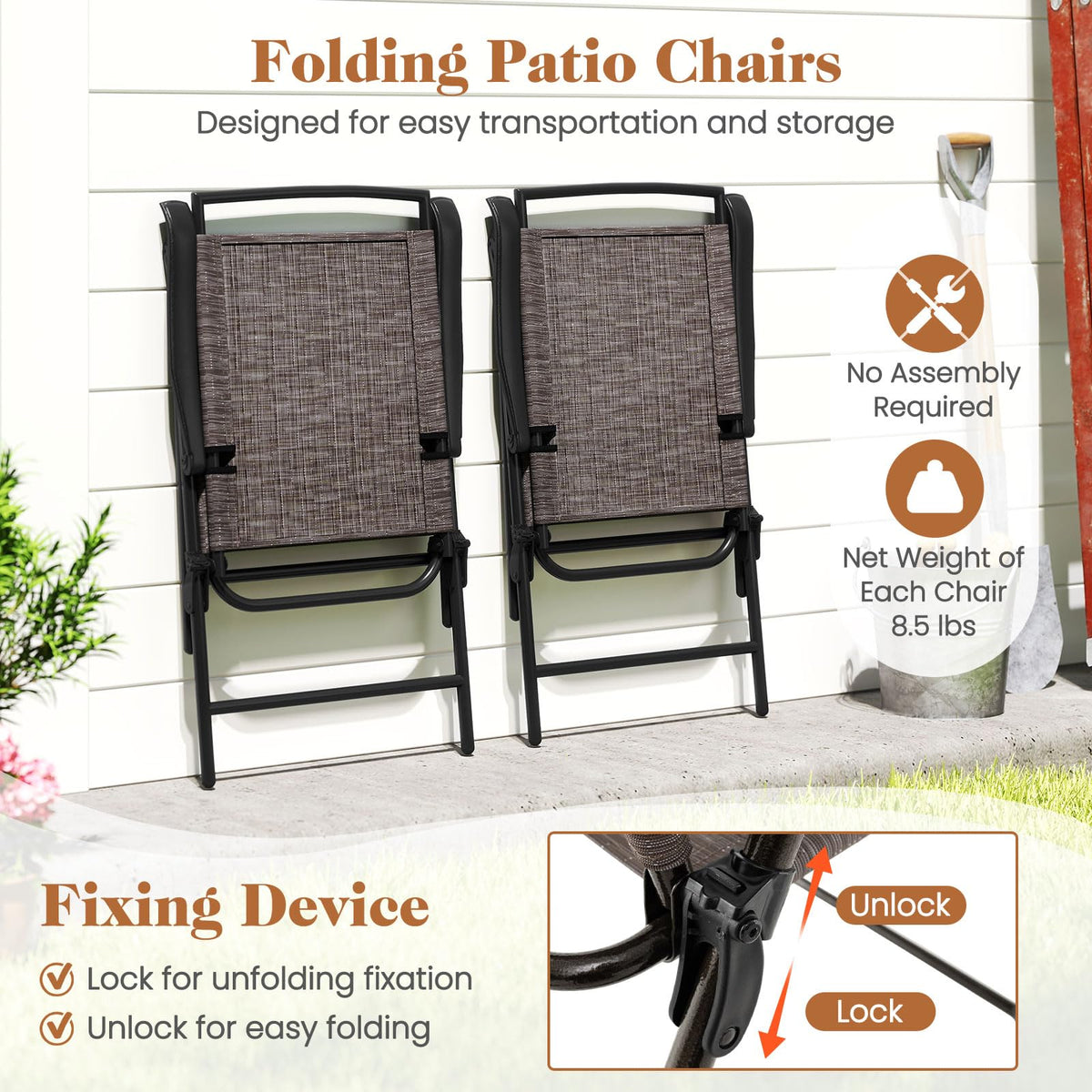 Tangkula 3 Piece Bistro Set Outdoor, Bistro Folding Chairs and Table Set, Rippled Tempered Glass Round Tabletop with Umbrella Hole, Small Patio Furniture Dining Set for Porch Balcony Garden Yard