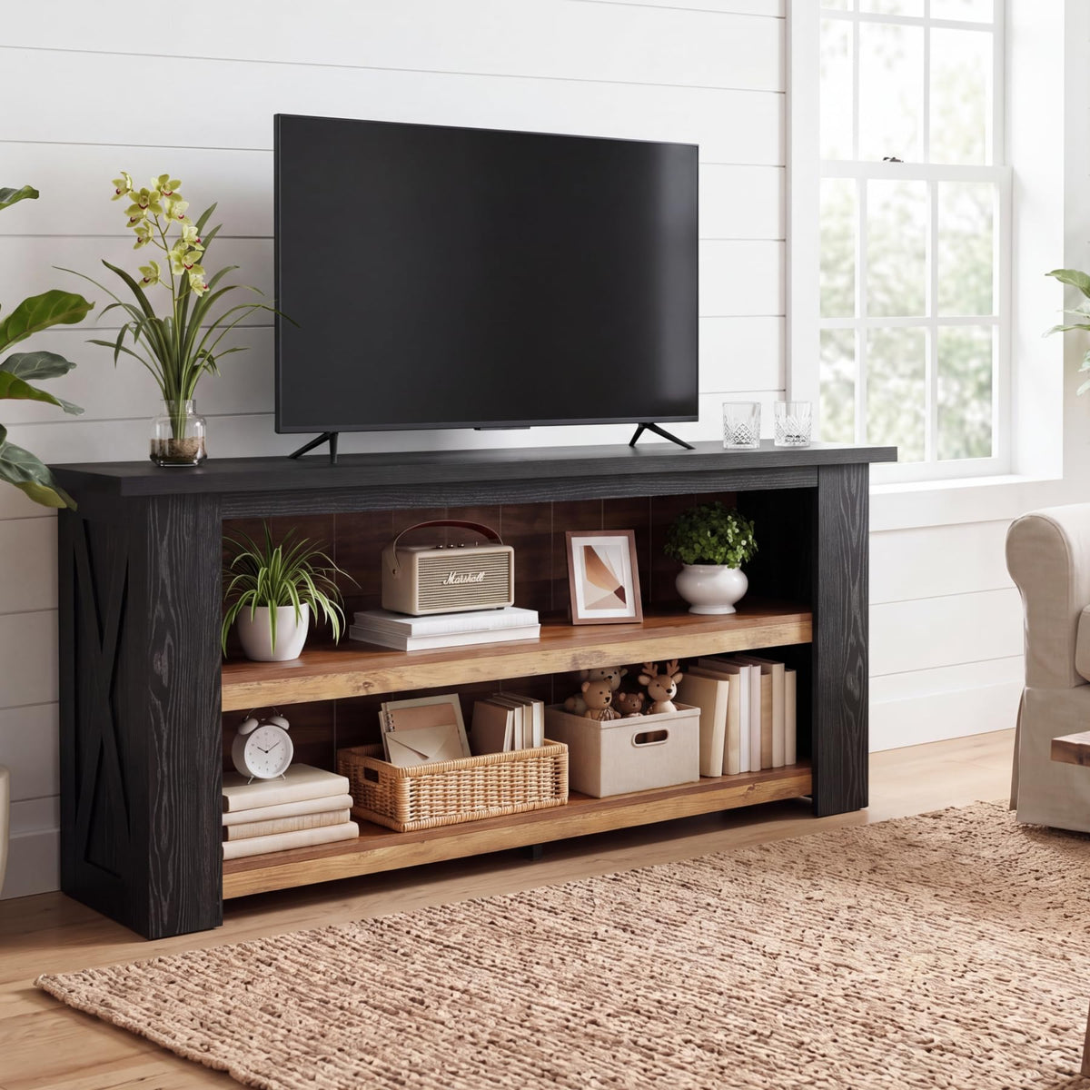 Tribesigns Wooden TV Stand for 65 Inch TV, Black Entertainment Center