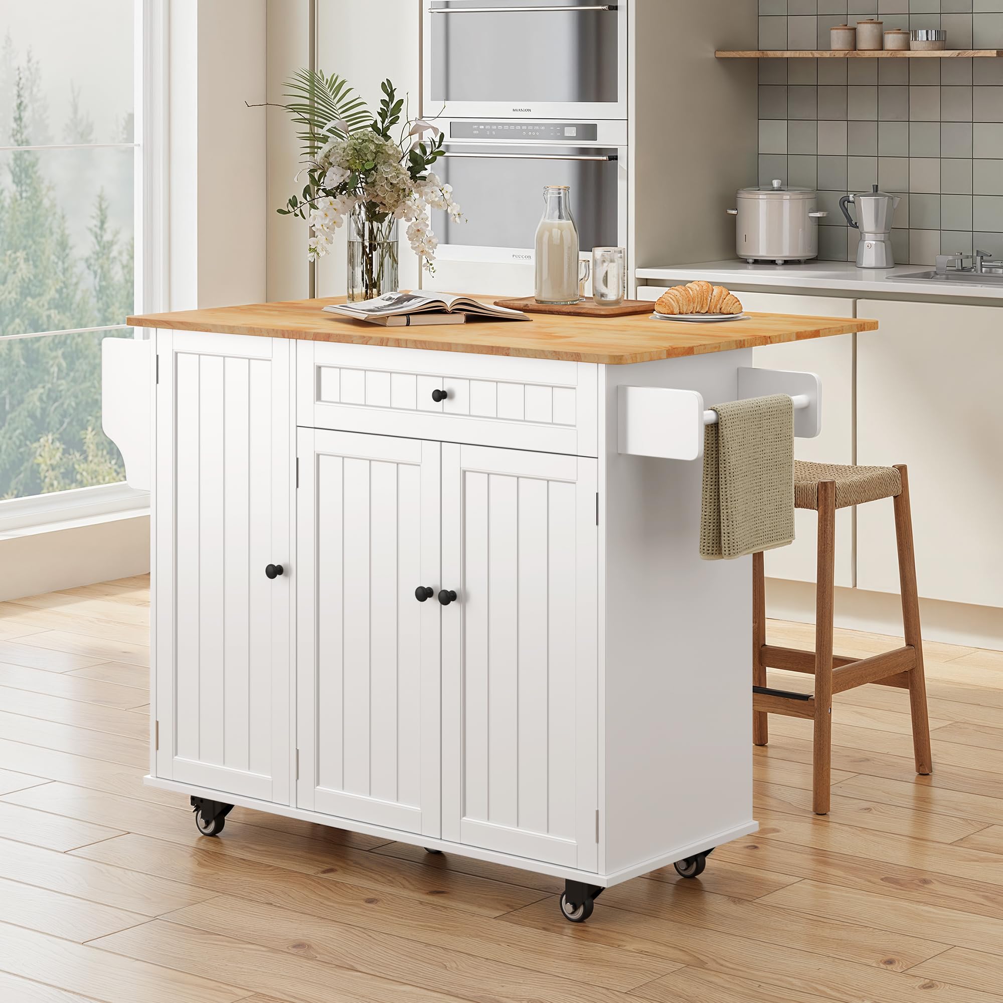 Kitchen Island with Drop Leaf, Storage Cabinet & Drawer