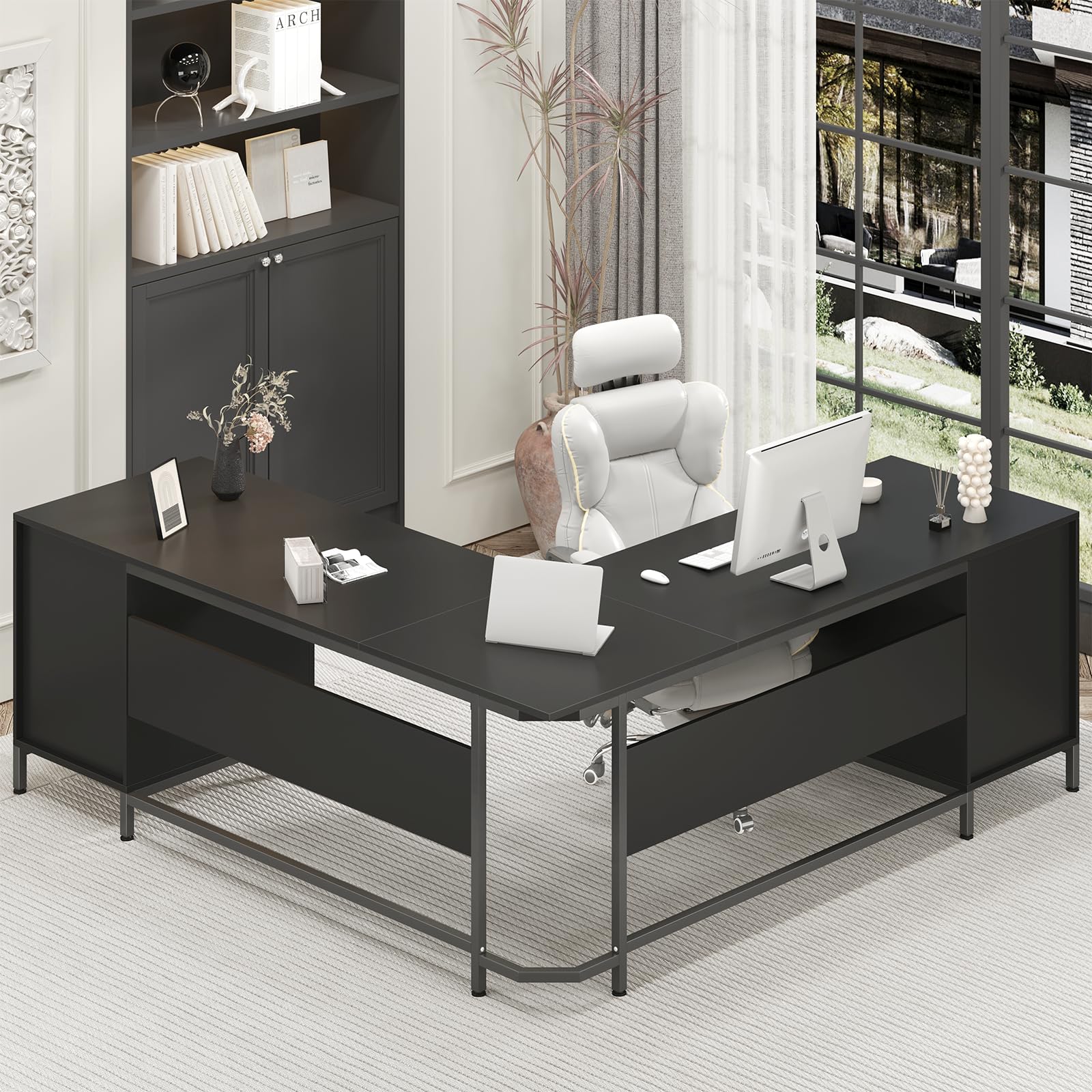 L-Shaped Corner Desk with 6 Drawers