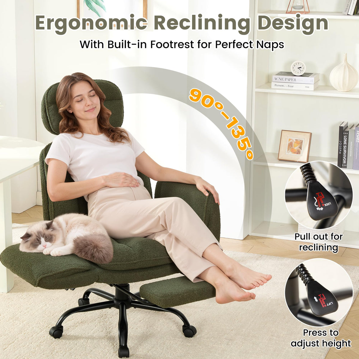 YUUIJOAA Big and Tall Office Chair with Flip Armrests, Teddy Criss Cross Legged Ergonomic Computer Gaming Chair with Foot Rest, Extra Wide Seat Office Desk Reclining Chair with Pet Seat, Green