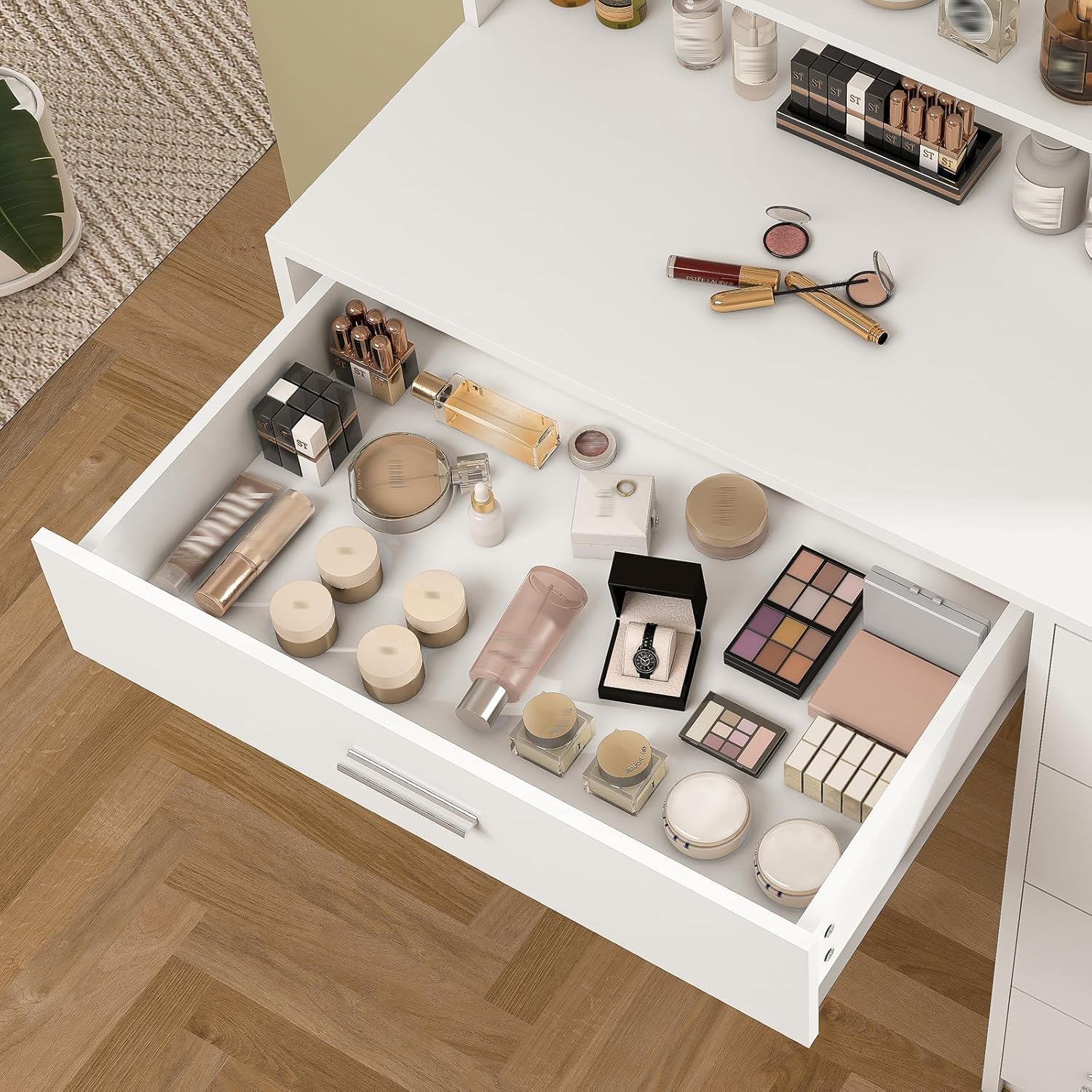 Quimoo Vanity Desk with Mirror & Lights, Makeup Vanity with 5 Drawers & Storage Shelves, White Vanity Table, 3 Color Modes & Adjustable Brightness, Dressing Table, Bedroom