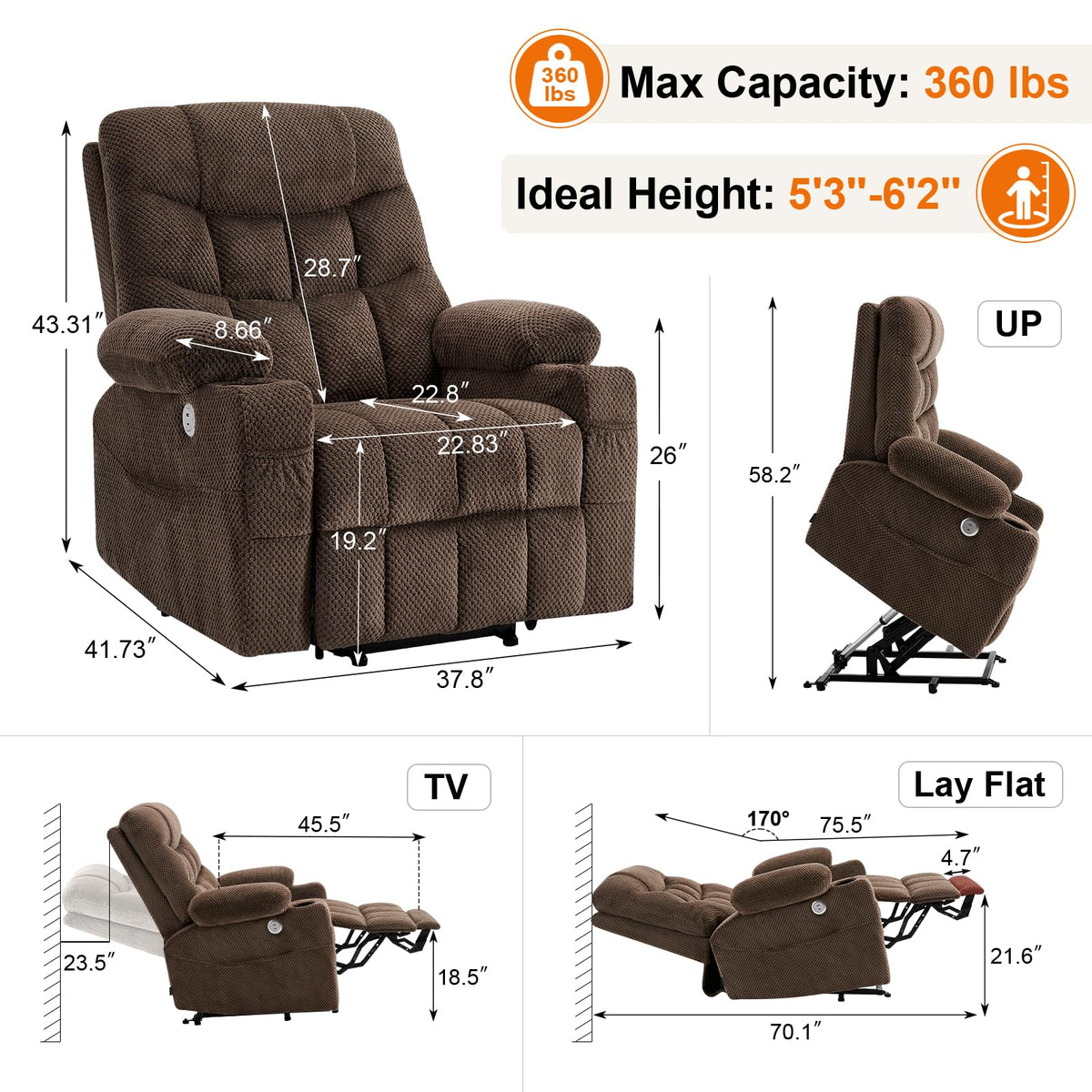 Dual Motor Power Lift Recliner Chair for Elderly, Extra Wide Infinite Position Lift Chair, Lay Flat Reclining Chair for Big & Tall Adults, Heavy Duty with Extended Footrest, Brown