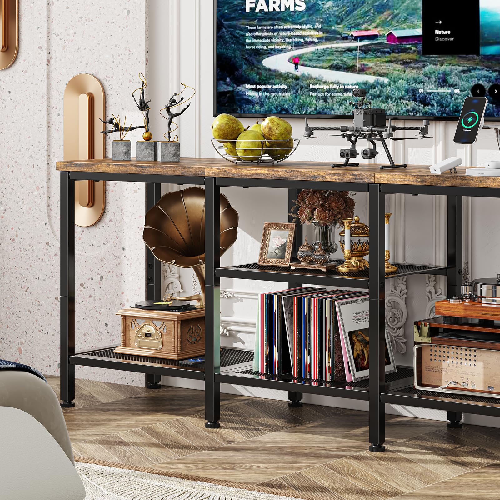 Simple Trending TV Stand for 50 Inch TVs, Entertainment Center with Open Storage Shelves, Media Console Table for Living Room, Rustic Brown