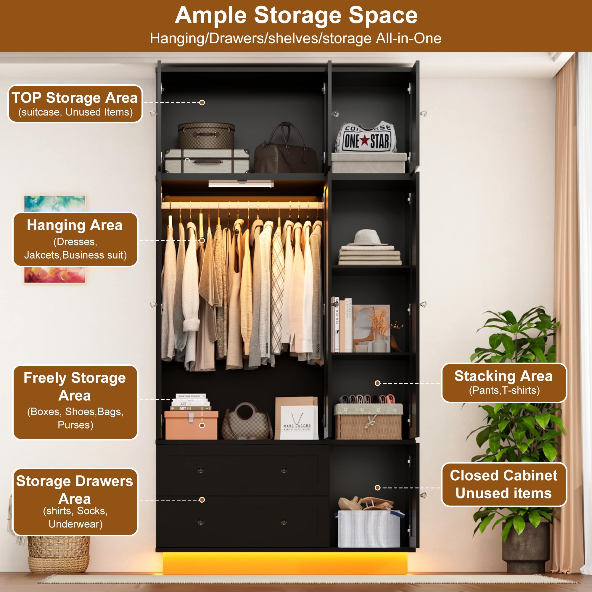 92.2" Tall Armoire Wardrobe Closet with Mirror & Motion Sensor Light, Large Storage Cabinet with 2 Drawers, Hanging Rod & Adjustable LED Strip, Anti-Tipping Wood Bedroom Furniture, 47.4"L, Balck