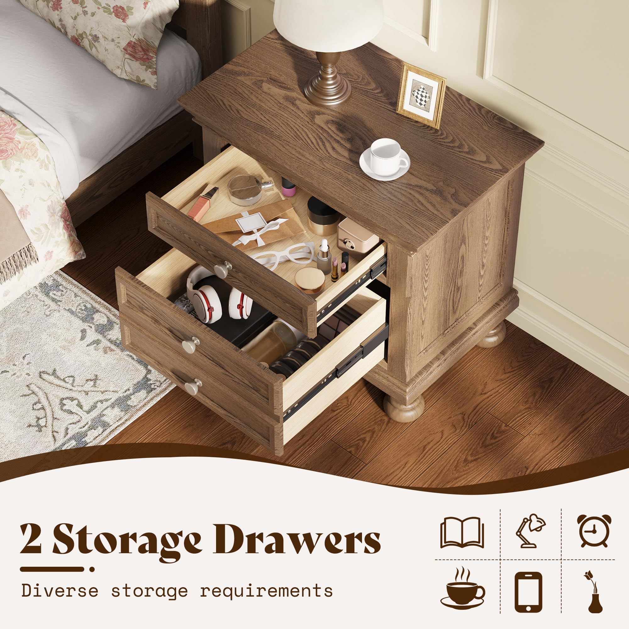 AMERLIFE Solid Wood 3 Piece Bedroom Set Including 65.2" High Queen Bed Frame, Fully Assembled Nightstands Set of 2 with 2 Storage Drawers for Bedroom, Light Brown