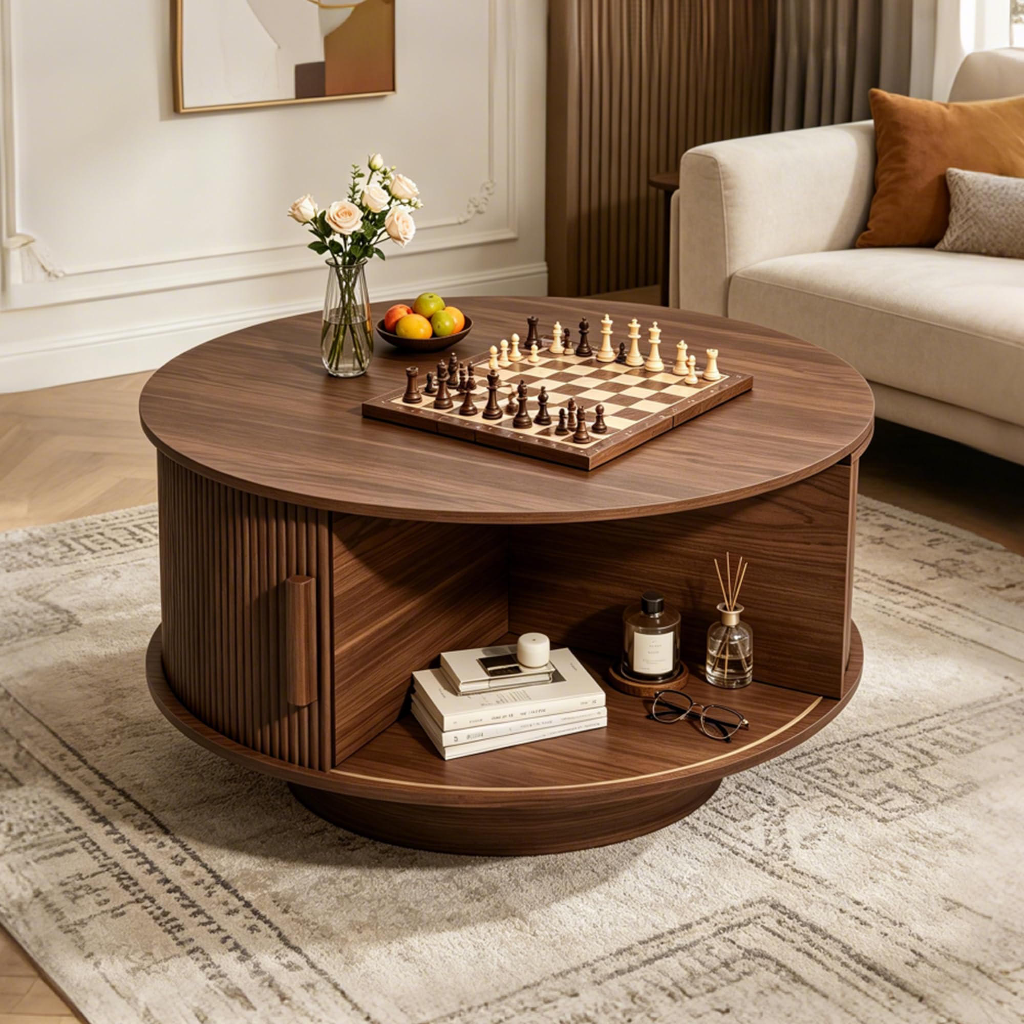 Round Lift Top Coffee Table, Mid Century Modern Fluted Circle Coffee Table with Hidden Storage Compartment, Wooden Center Table with Open Shelf for Living Room, Small Space, Walnut