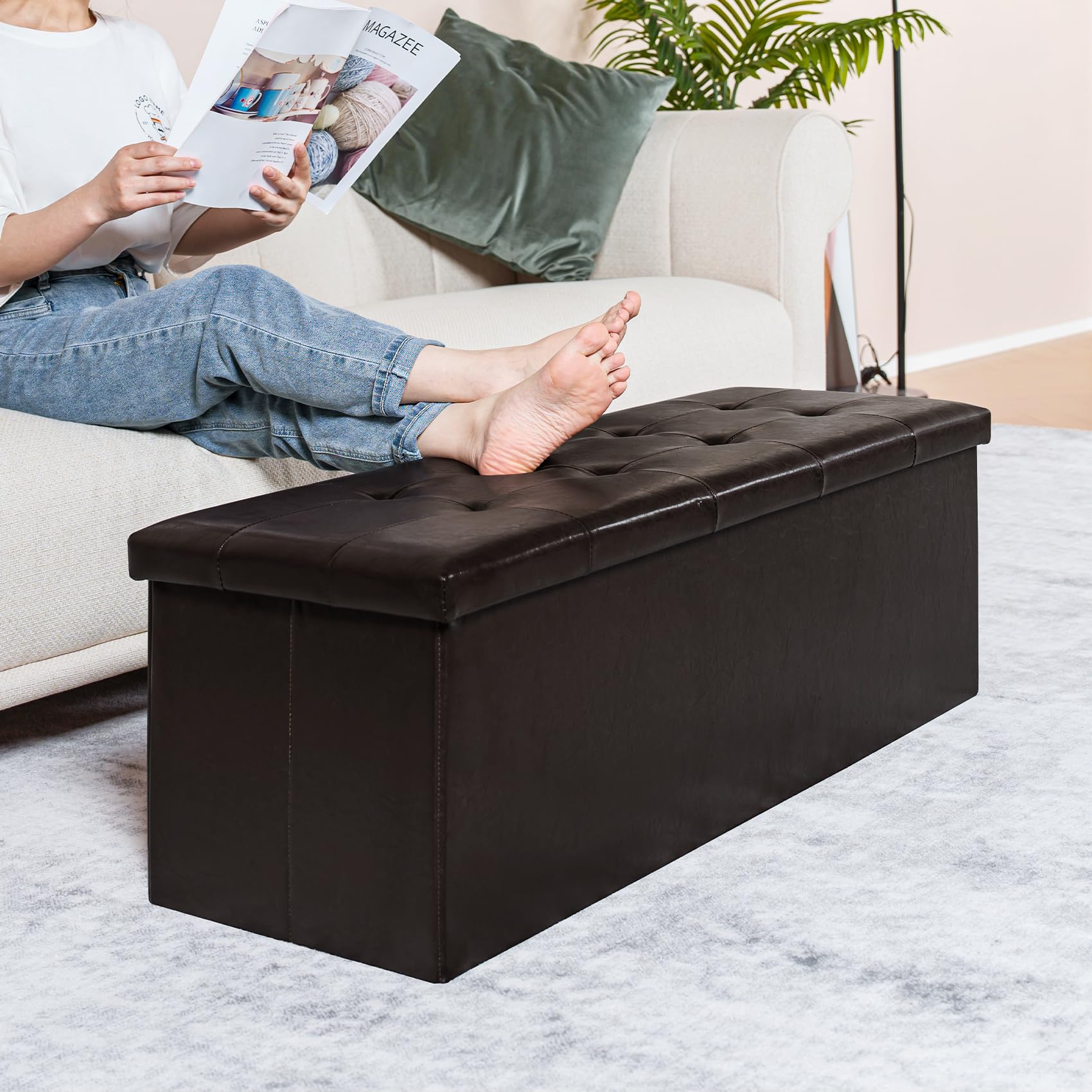Folding Storage Ottoman Bench with Faux Leather Upholstery