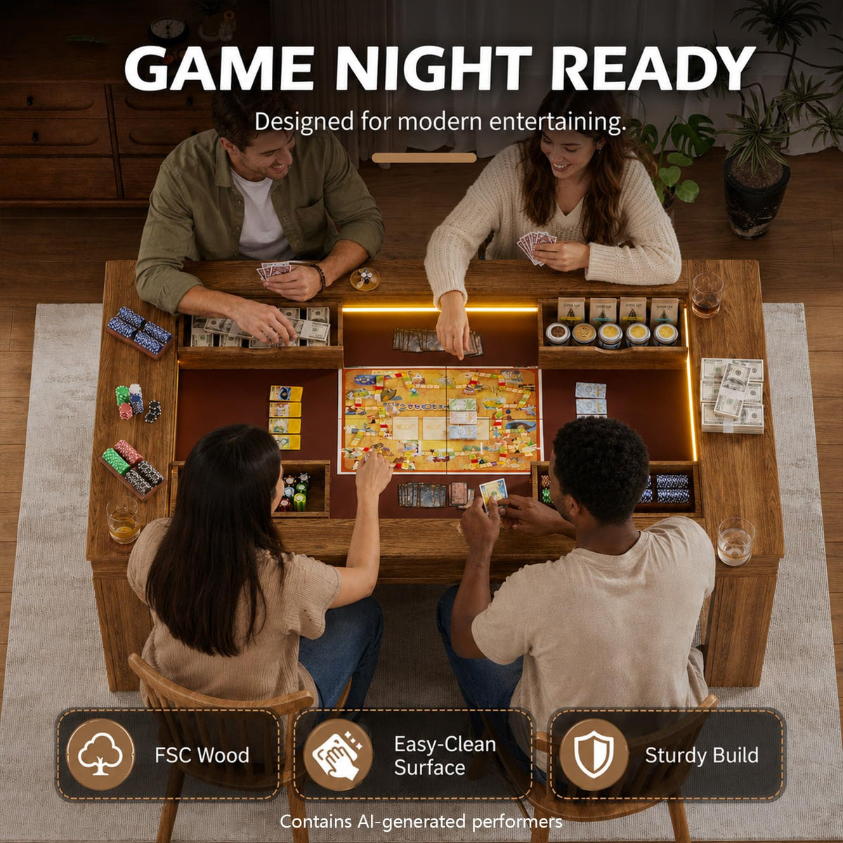 TORESOE Board Game Table with LED, Removable Top, Gaming Dining & RPG Table