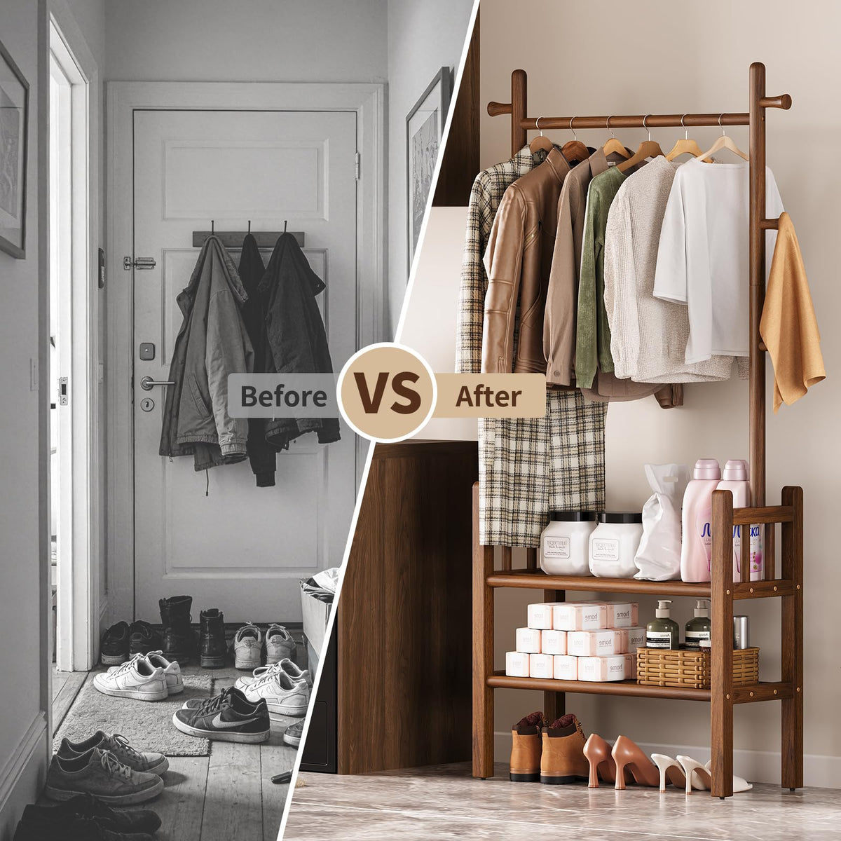 Solid Wood Clothing Rack with Shelves - Coat Rack Freestanding with 6 Hooks Load 450 Lbs, 3-in-1 Hall Tree for Hanging Clothes, Tall Garment Racks with Storage for Bedroom, Entryway, Living Room