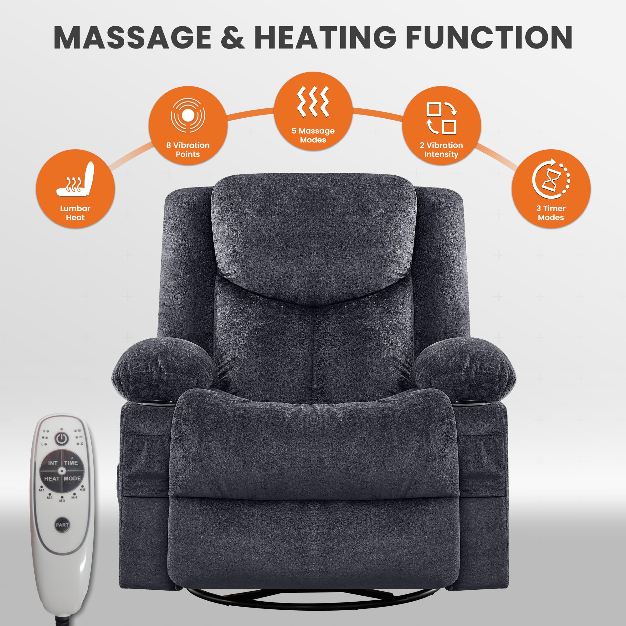 Swivel Recliner Chair for Adults,Oversized Rocker Recliner with Massage and Lumbar Heat,Rocking Chair with Side Pocket,2 Cup Holders,for Living Room