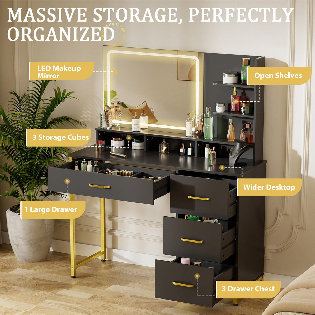 Black Makeup Vanity with LED Mirror