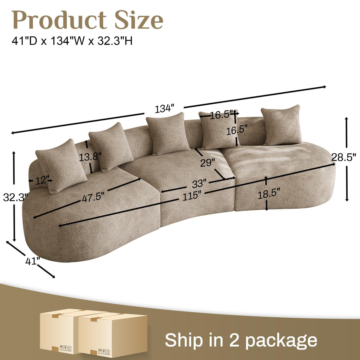 ONEMMLION 134" Modern Curved Sectional Sofas for Living Room, Brown