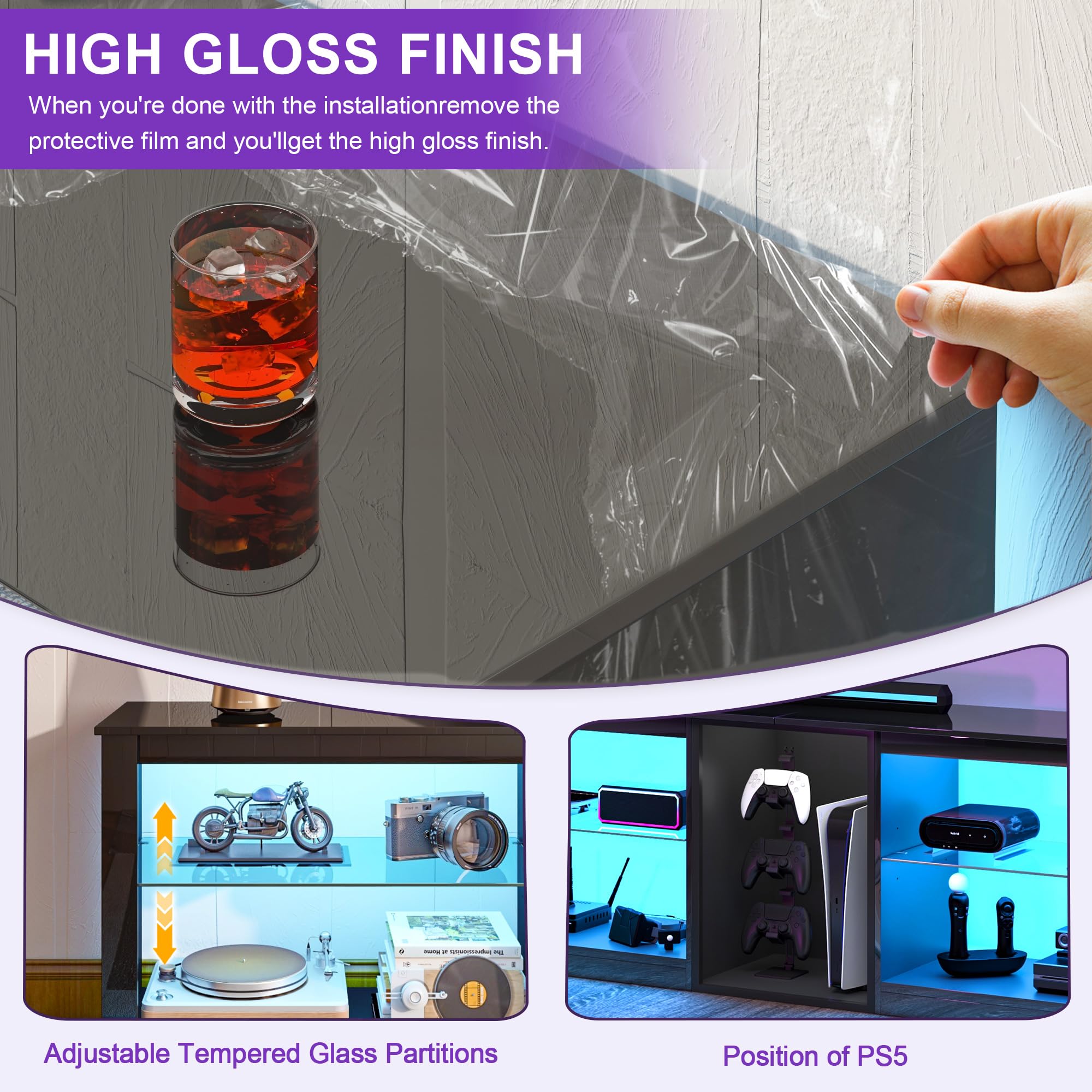 63" LED TV Stand with Glass Shelves