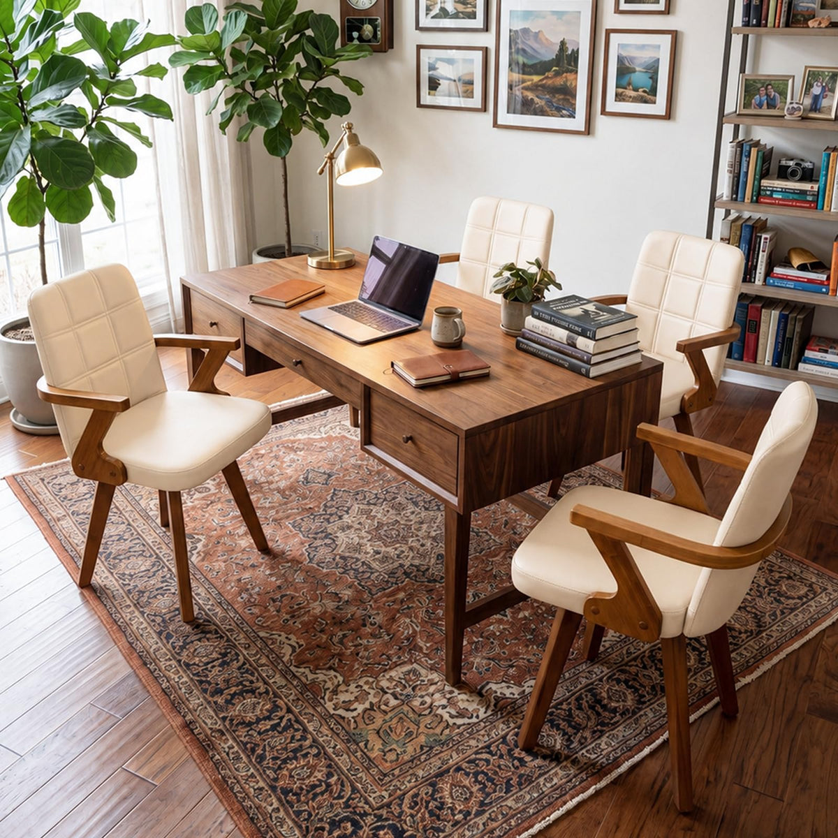 Mid Century Modern Home Office Chair with Walnut Finish, Ergonomic Faux Leather Desk Chair with Silent Rolling Wheels, Curved Back and Arms (Beige - Wooden Legs, Set of 1)